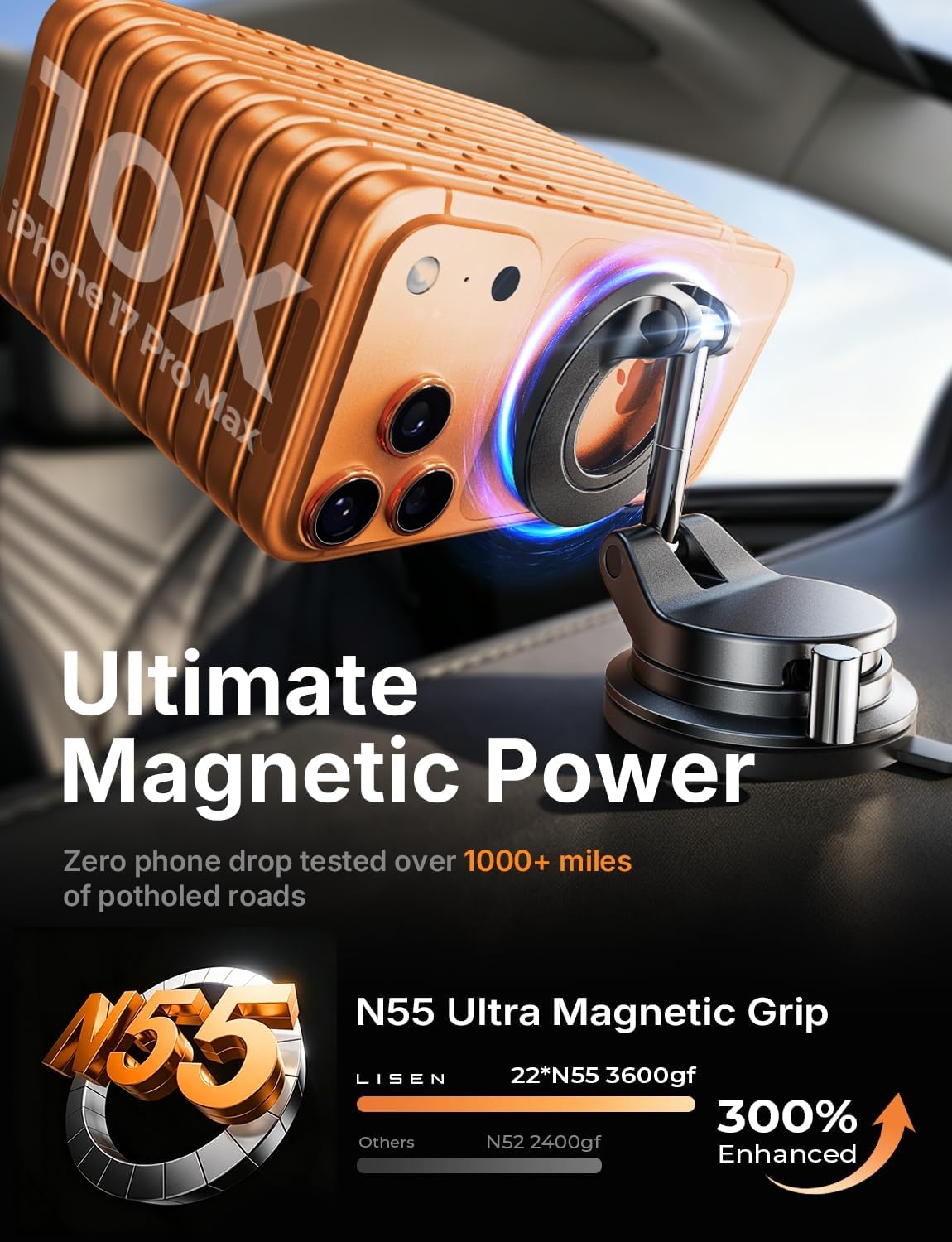LISEN for Magsafe Car Mount |3800gf Strong Magnet+22xN55| Magnetic Phone Holder for Car Phone Holder Magnetic Vacuum Mobile Magnet Phone Holder iPhone Car Phone Mount for iPhone 18-12,Black