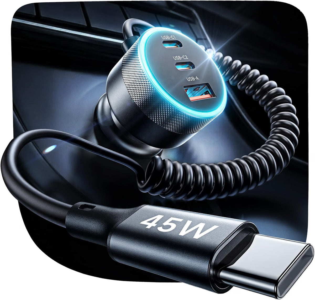LISEN 4-in-1 Cigarette Lighter USB Charger Fast Charge Metal 12/24V Adapter 2×45W USB‑C+30W USB‑A+45W C Cable, 24V Car Phone Charger PD3.0/QC/PPS for iPhone 18 Samsung