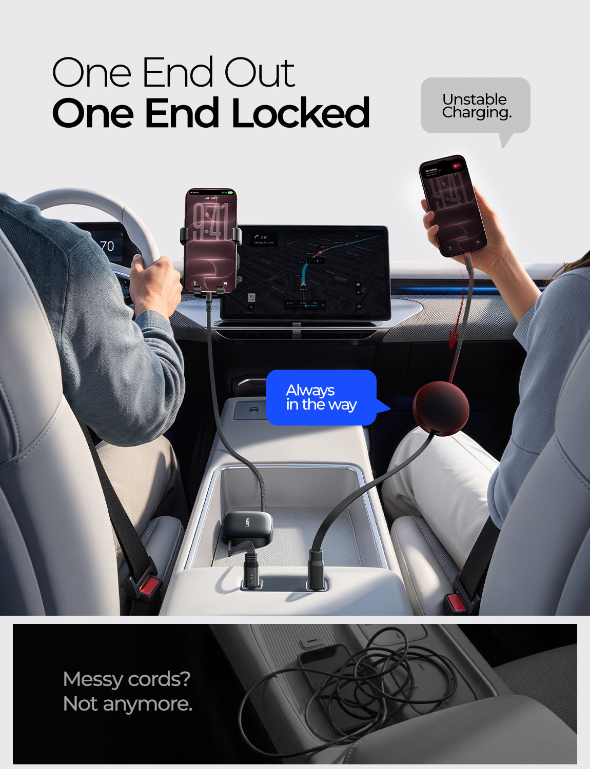 LISEN Single-Pull 240W Retractable USB C Cable Retractable Car Charger Cord