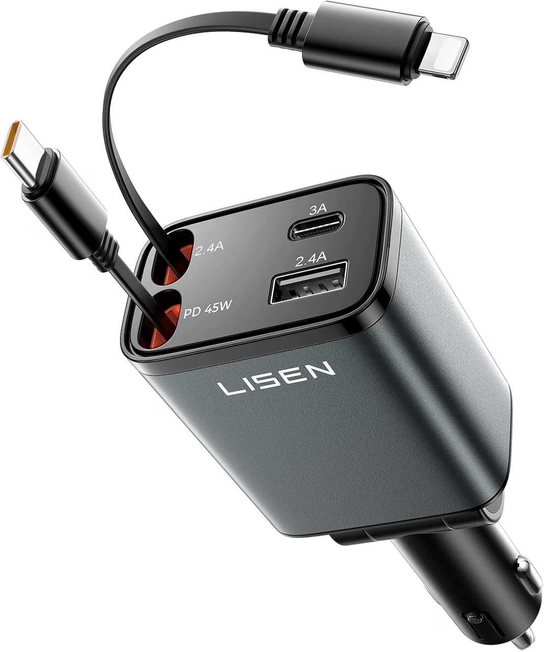 LISEN車 充電器巻き取りしがーソケット usb【2026年・69W急速充電・最小4in1】シガーソケット USB-C+USB-L 80cmケーブル
