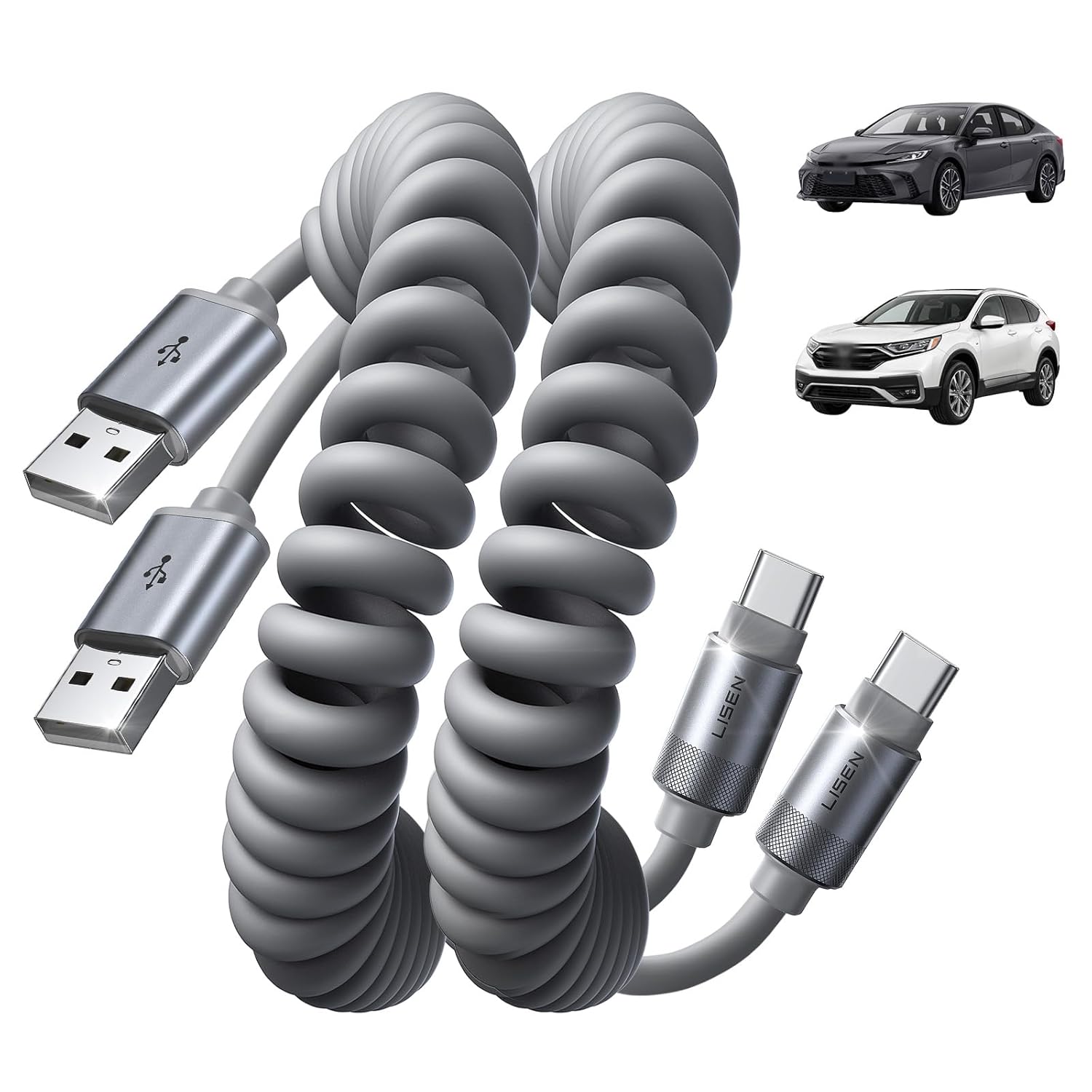 LISEN コイル状 USB C ケーブル 2本パック Android Auto & CarPlay ケーブル用 ショート USB A - USB C ケーブル iPhone 17/16/15、Samsung Galaxy S25/S24/S23 A15/A14、Google Pixel 9/8 対応 スペースグレー 4フィート