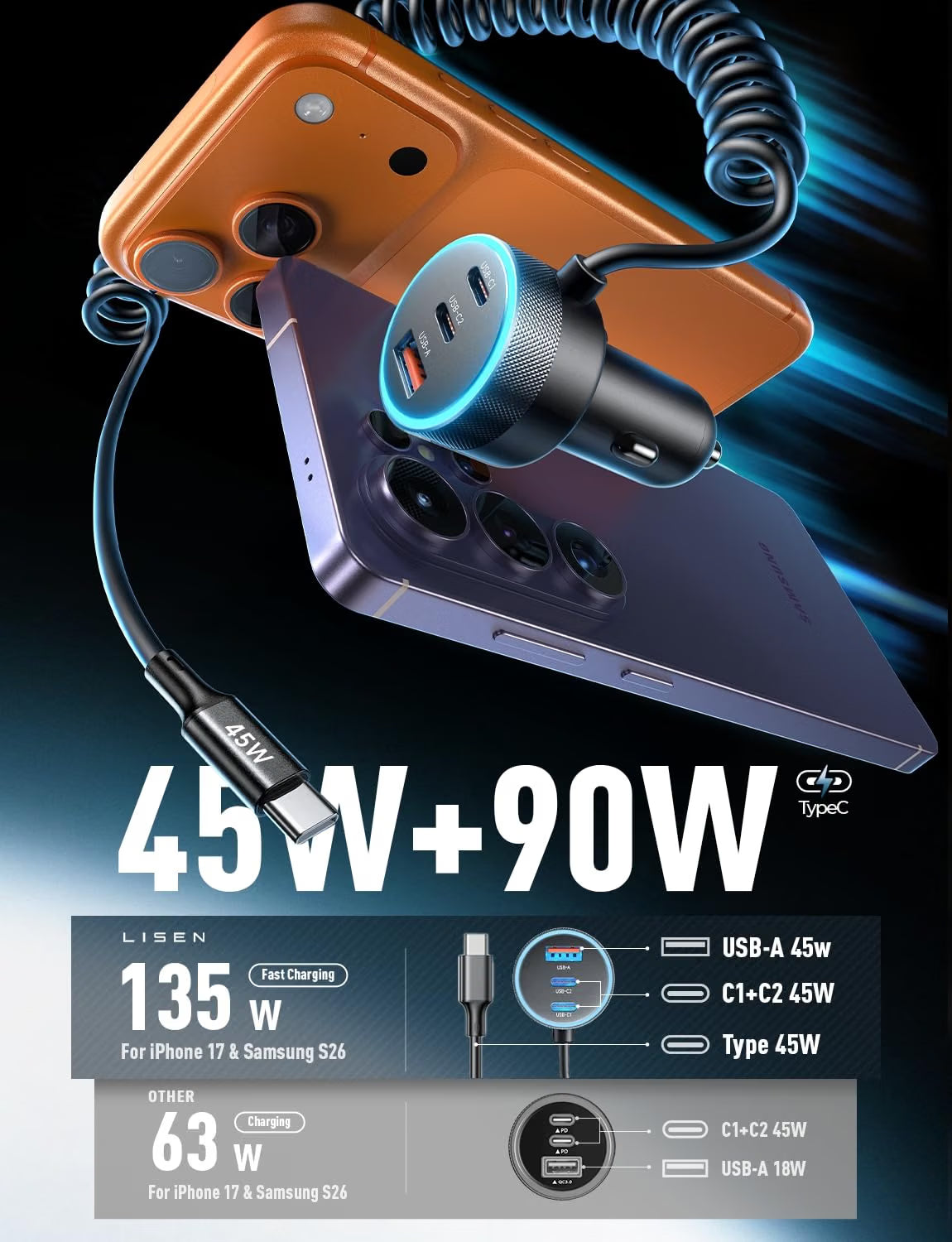 LISEN 4-in-1 Cigarette Lighter USB Charger Fast Charge Metal 12/24V Adapter 2×45W USB‑C+30W USB‑A+45W C Cable, 24V Car Phone Charger PD3.0/QC/PPS for iPhone 18 Samsung