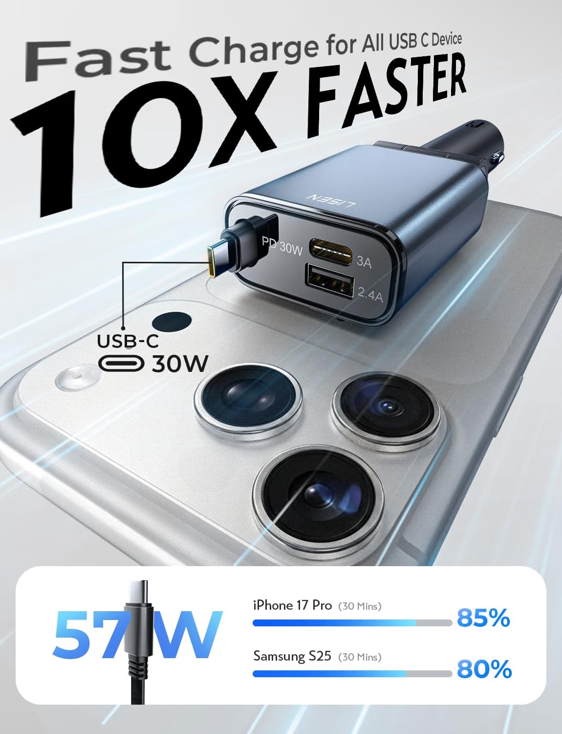 LISEN Compact 3 in 1 Retractable Car Phone Charger USB C Fast Charge 57W Cigarette Lighter USB Charger 80cm Type-C Cable, 12/24V Car Adapter Socket Car Accessories