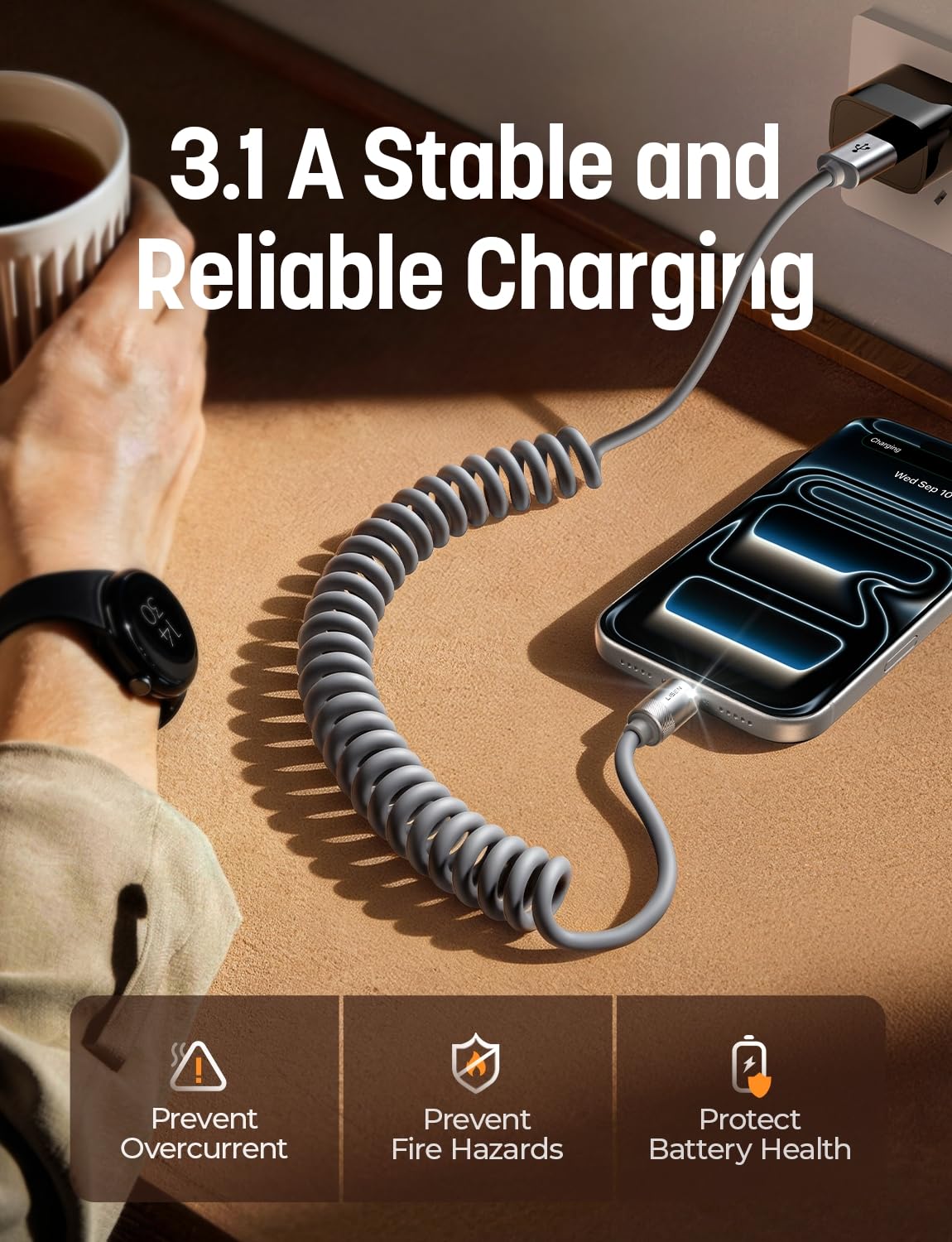 LISEN コイル状 USB C ケーブル 2本パック Android Auto & CarPlay ケーブル用 ショート USB A - USB C ケーブル iPhone 17/16/15、Samsung Galaxy S25/S24/S23 A15/A14、Google Pixel 9/8 対応 スペースグレー 4フィート