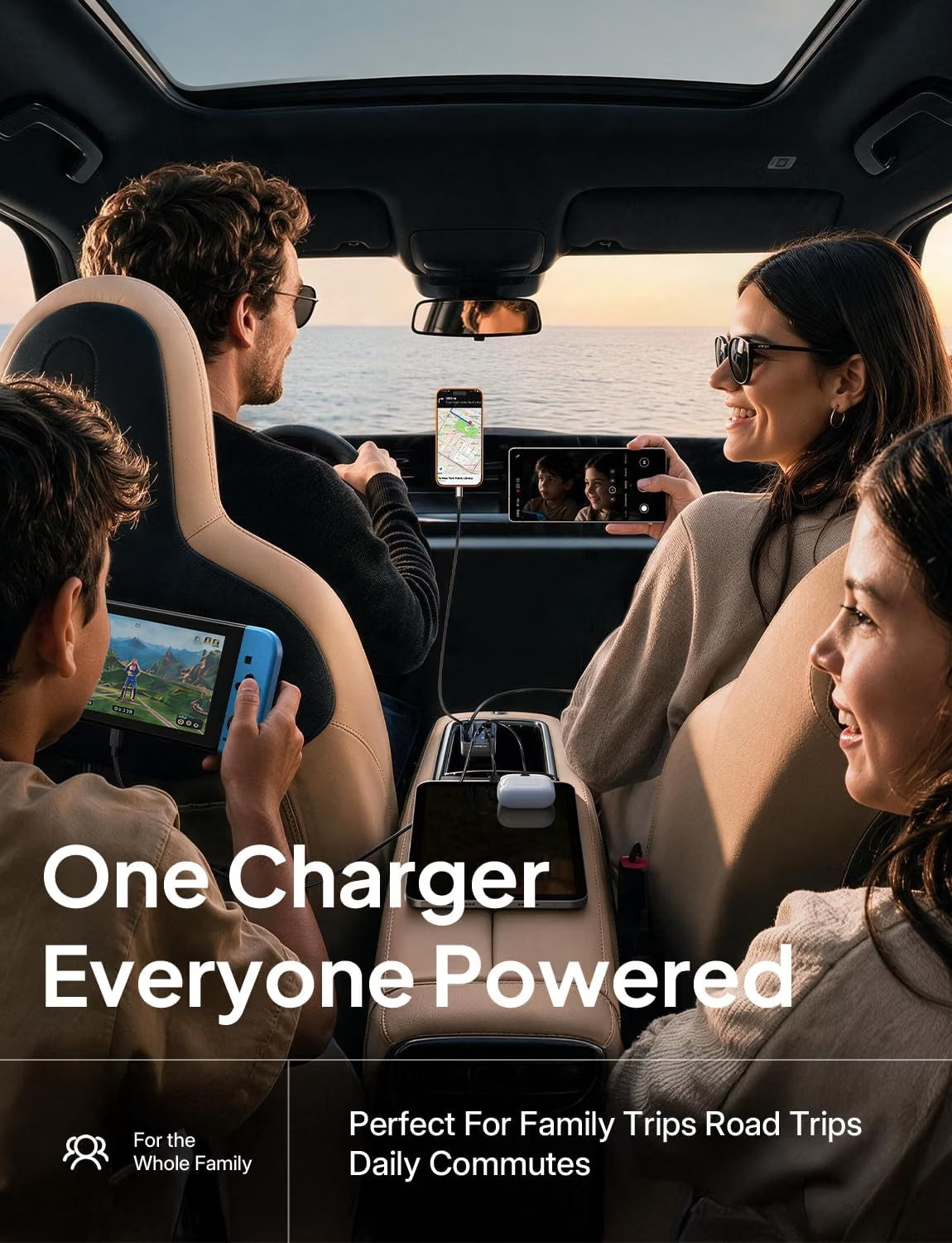 LISEN 138W Retractable USB C Car Charger Fast Charge 6-Port for iPhone 18