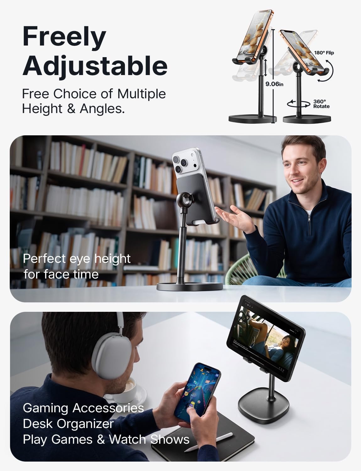LISEN Cell Phone Stand Phone Holder for Desk, Work From Home Essentials Men