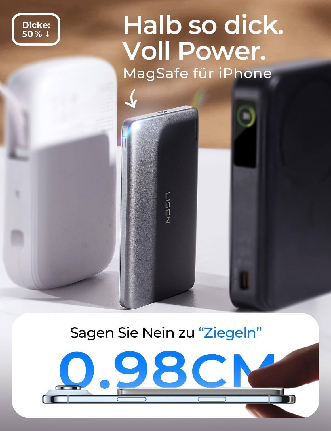 LISEN Qi2.0 15W Magsafe Powerbank Slim 5000mAh fĂŒr iPhone 18 Pro Max