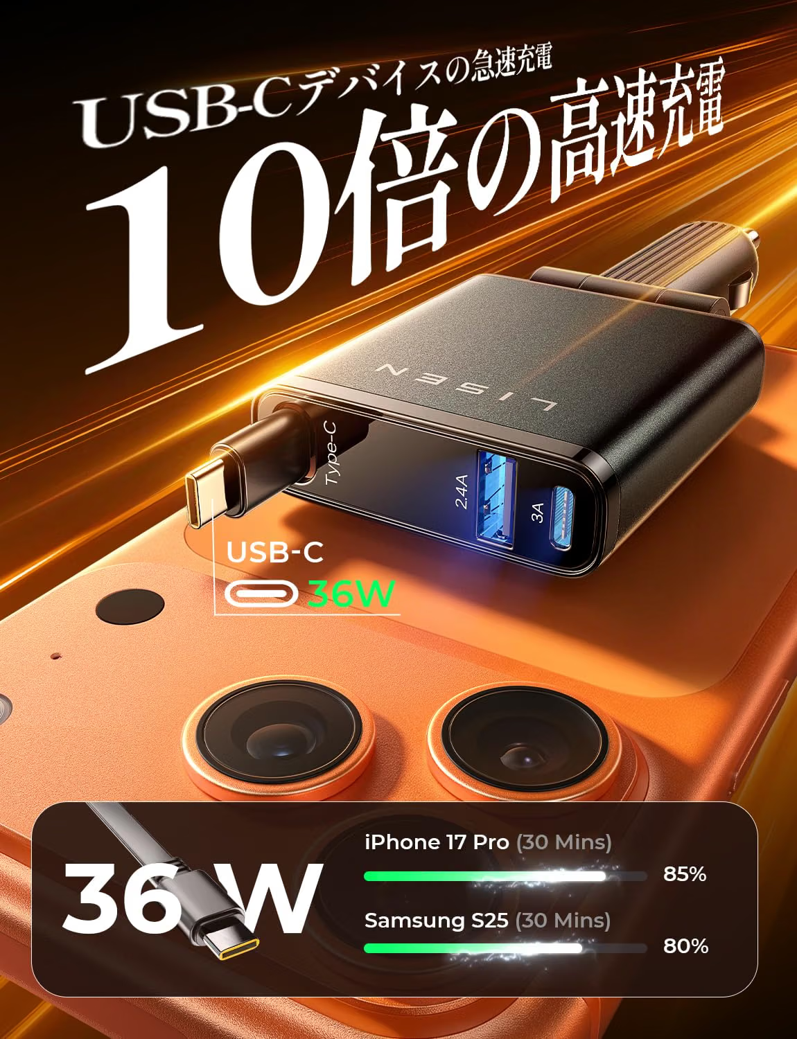 【超小型・PD36W急速充電】LISEN 3in1車 充電器 タイプc しがーソケット usb シガーソケット 巻き取りPD3.0/QC/PPS対応