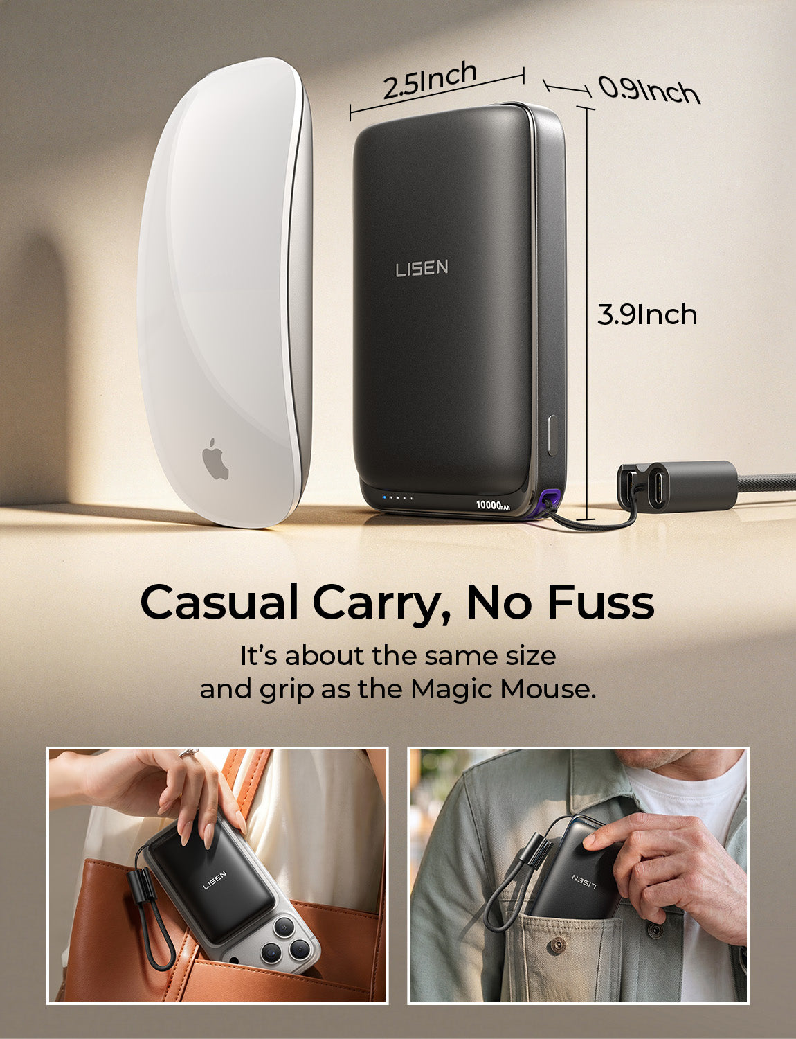 LISEN 10000mAh Qi2 MagSafe Power Bank with Detachable Cable