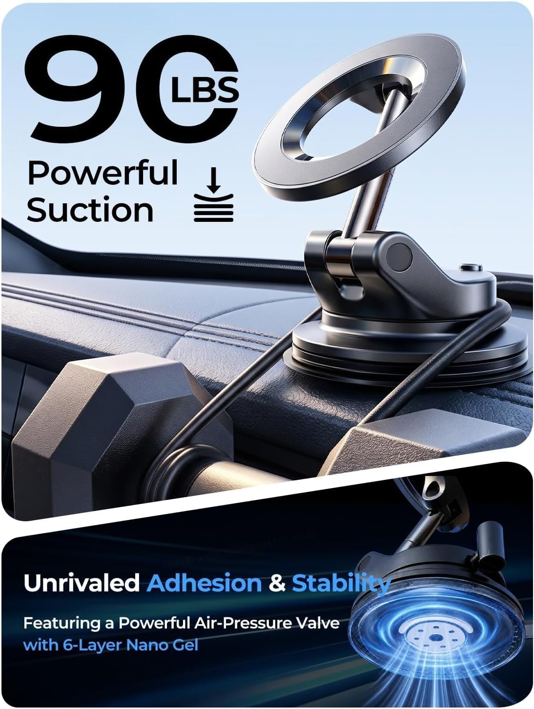 LISEN for Magsafe Car Mount |3800gf Strong Magnet+22xN55| Magnetic Phone Holder for Car Phone Holder Magnetic Vacuum Mobile Magnet Phone Holder iPhone Car Phone Mount for iPhone 18-12,Black