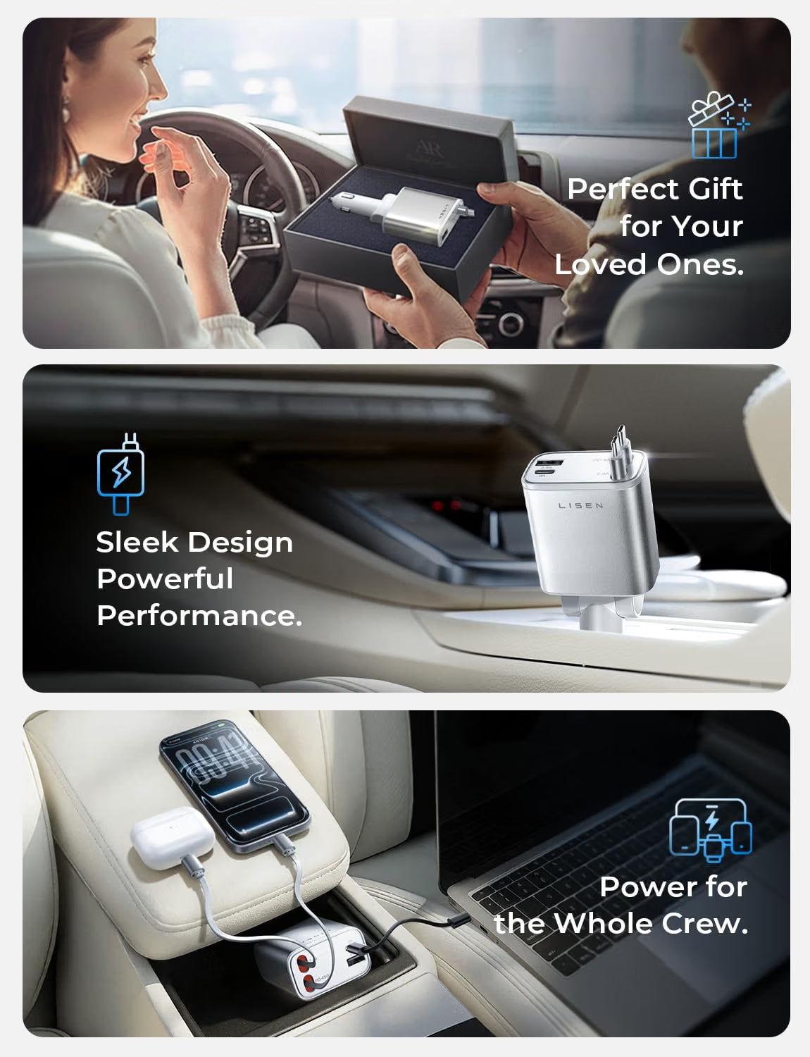 LISEN Retractable Car Charger USB C Fast Charge for iPhone 17 16 15 Pro Max