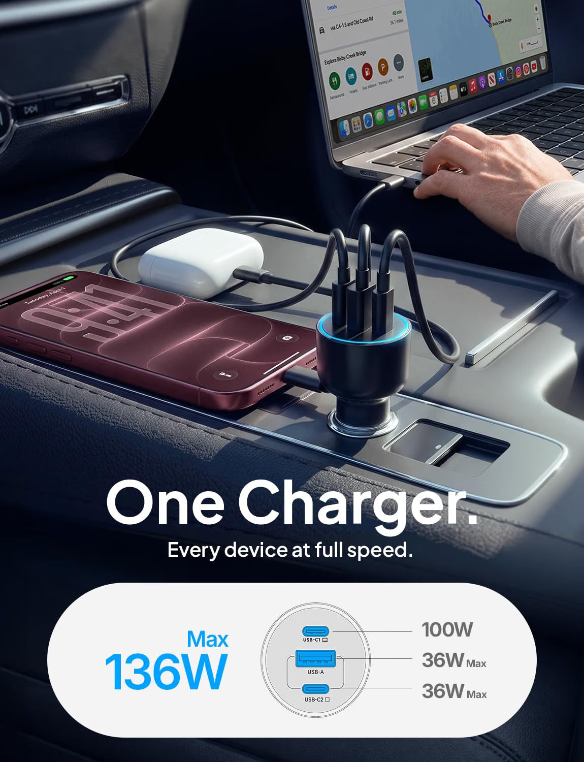 LISEN 136W Car Charger USB C Fast Charge, for iPhone 18 Pro Max, iPhone Duo
