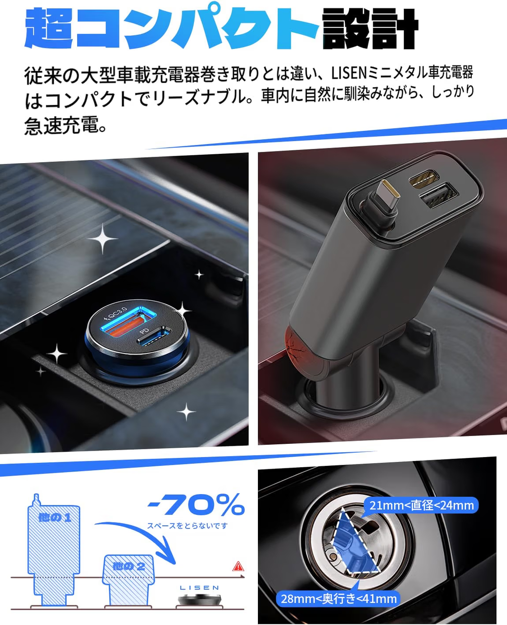 LISEN シガーソケット USB-C PD36W + USB-A QC18W 急速充電 カーチャージャー タイプc【最強のコスパ・ステルス設計】
