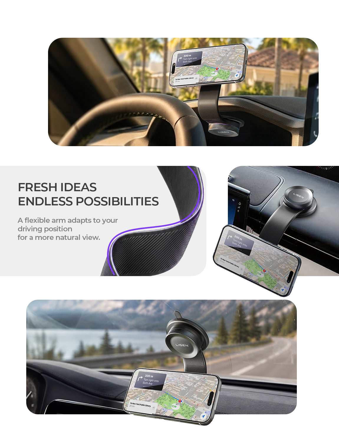 LISEN for MagSafe Car Mount, Magnetic Phone Holder for Car, Vacuum Suction Cup Phone Mount, Magnetic Car Phone Mount 24 Strong Magnets, 360ยฐ Adjustable Memory Alloy Bendable Arm for iPhone 17 Pro Max