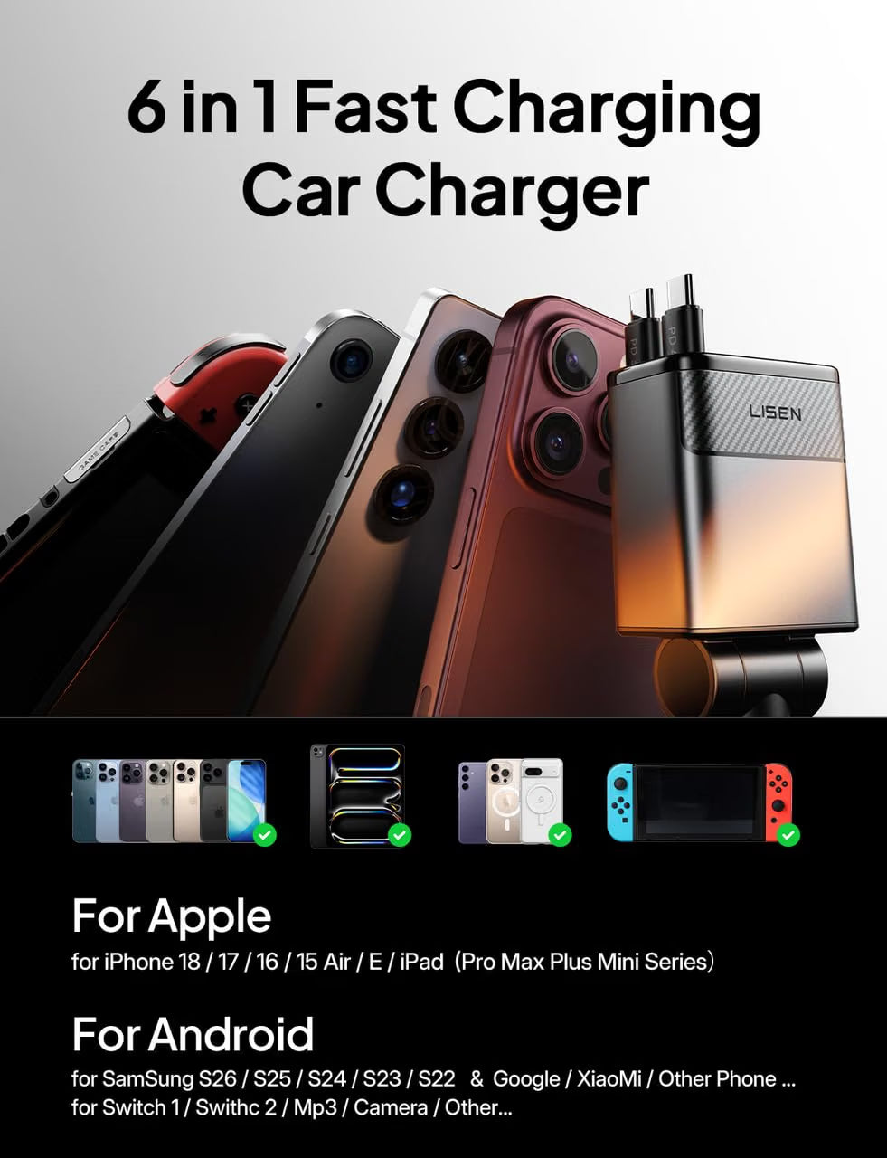 LISEN 138W Retractable USB C Car Charger Fast Charge 6-Port for iPhone 18