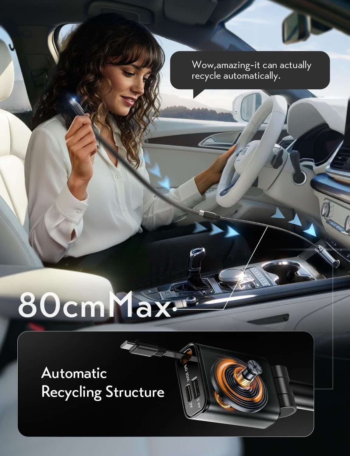 LISEN Compact 3 in 1 Retractable Car Phone Charger USB C Fast Charge 57W Cigarette Lighter USB Charger 80cm Type-C Cable, 12/24V Car Adapter Socket Car Accessories