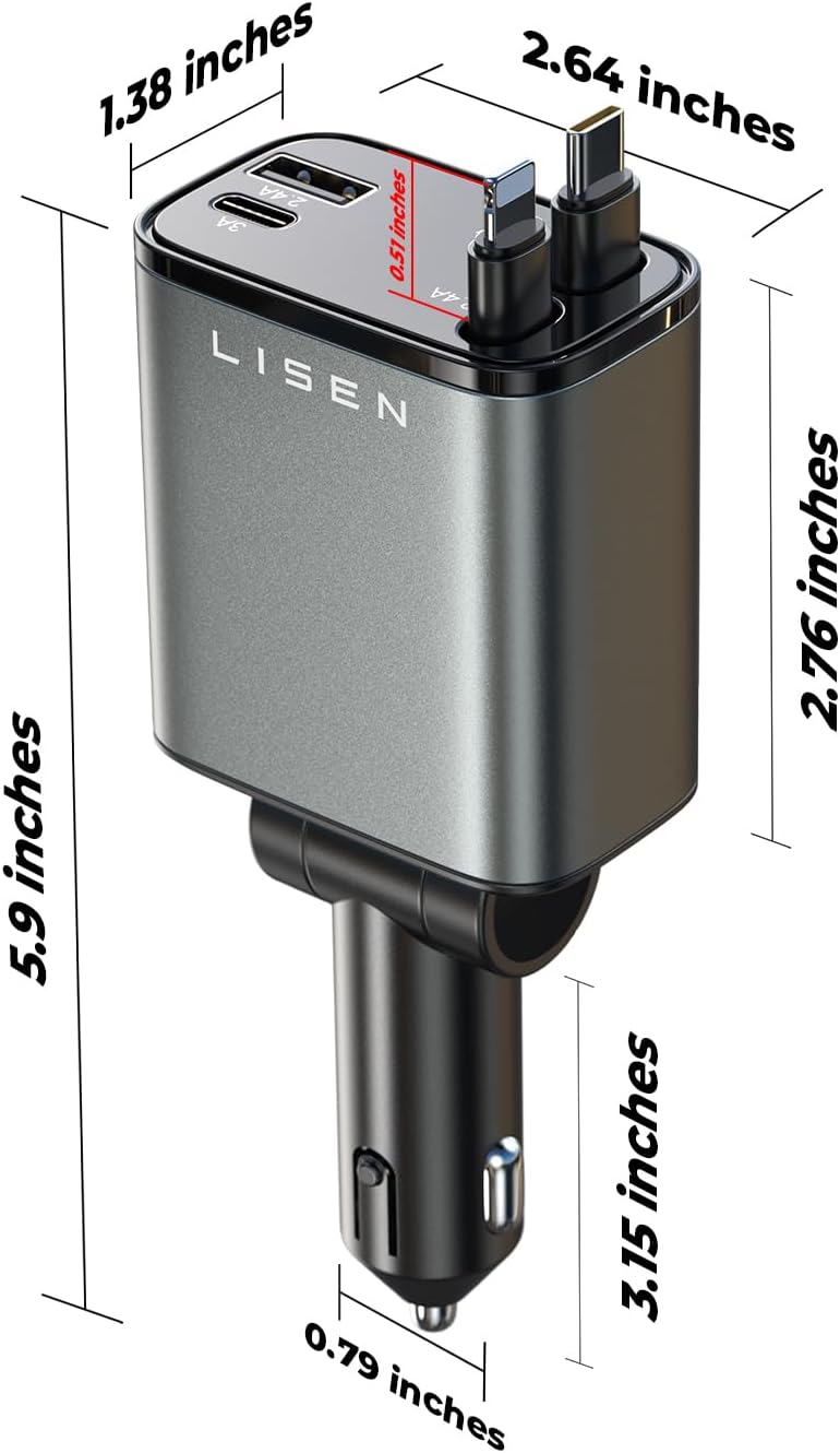 LISEN Long Retractable Car Charger 4 in 1 (47.2in Cable)