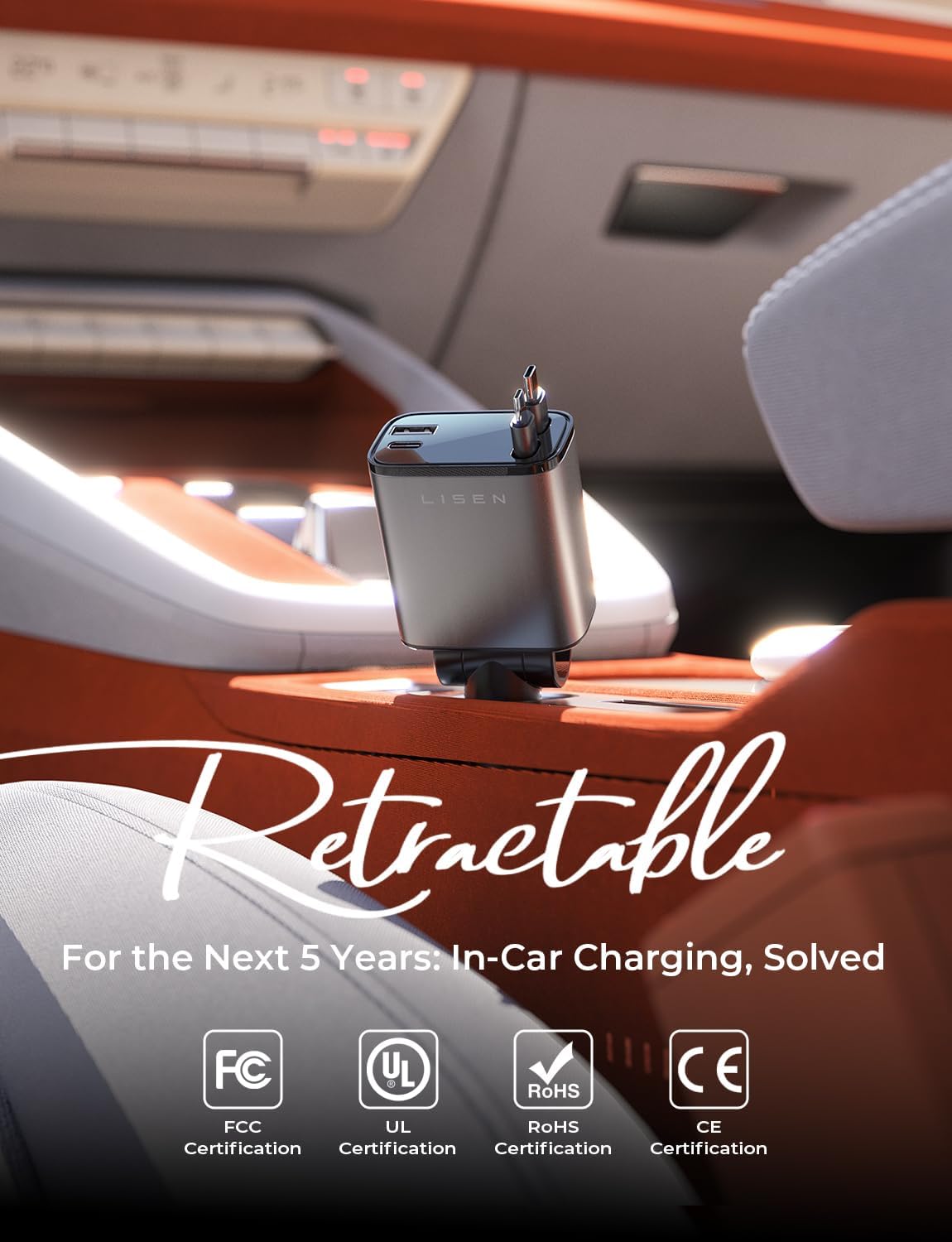 LISEN Retractable Car Charger USB C 75W Fast 4 in 1