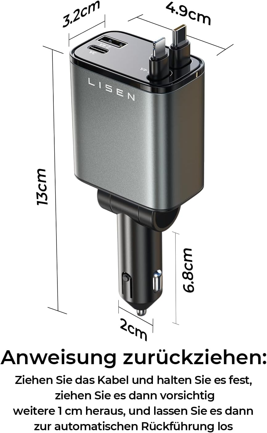 LISEN 84 W Cigarette Lighter USB C Retractable Car Charger Adapter