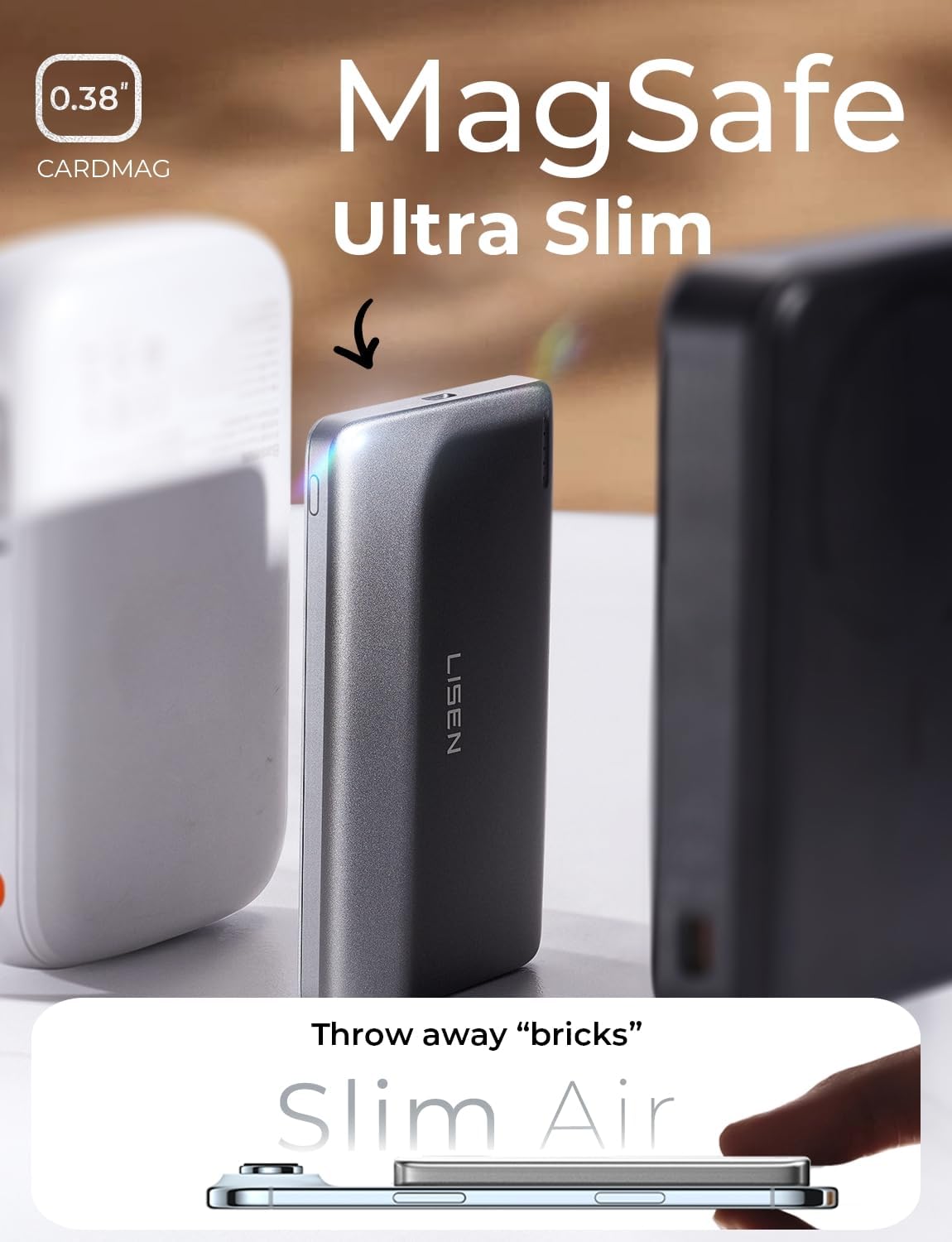 LISEN 5000mAh Power Bank Inalámbrico 15W, 7.6mm USB C Cargador Portátil Magnético Carga Rápida