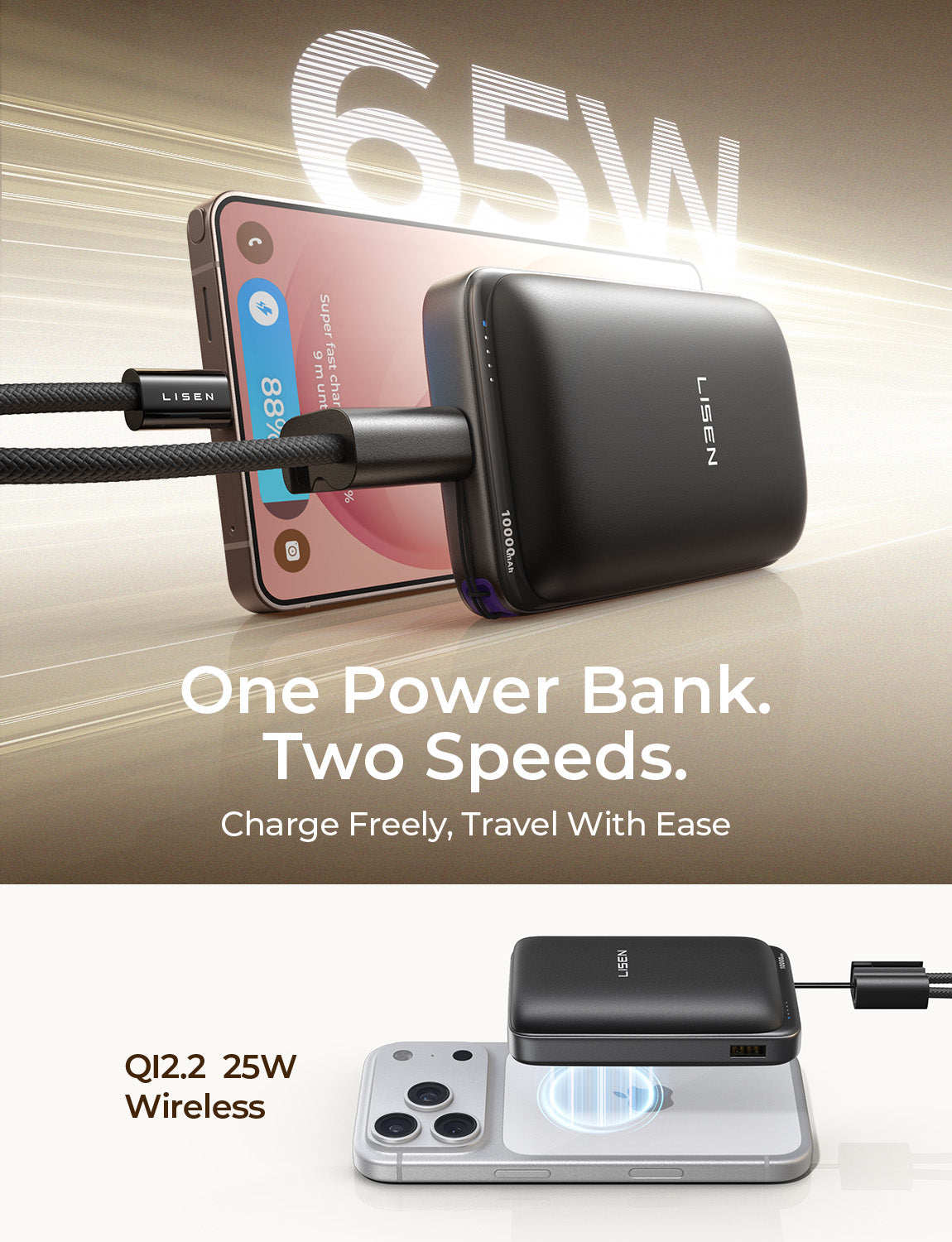 LISEN 10000mAh Qi2 MagSafe Powerbank mit abnehmbarem Kabel