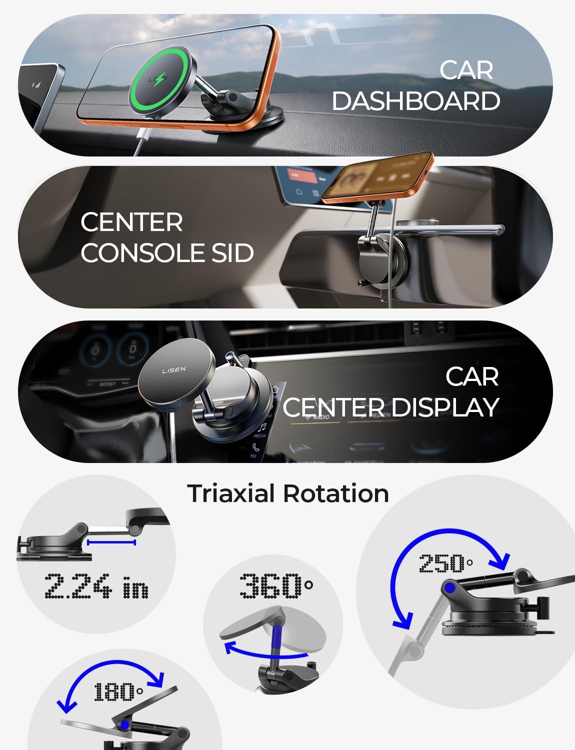 LISEN 15W Magsafe Car Mount Charger for iPhone 18 Pro Max, Magnetic Wireless Car Charger, Phone Mount, Magnetic Phone Holder for Carfor iPhone 18 Pro Max 17 16 15 14 13 12 Samsung Pixel