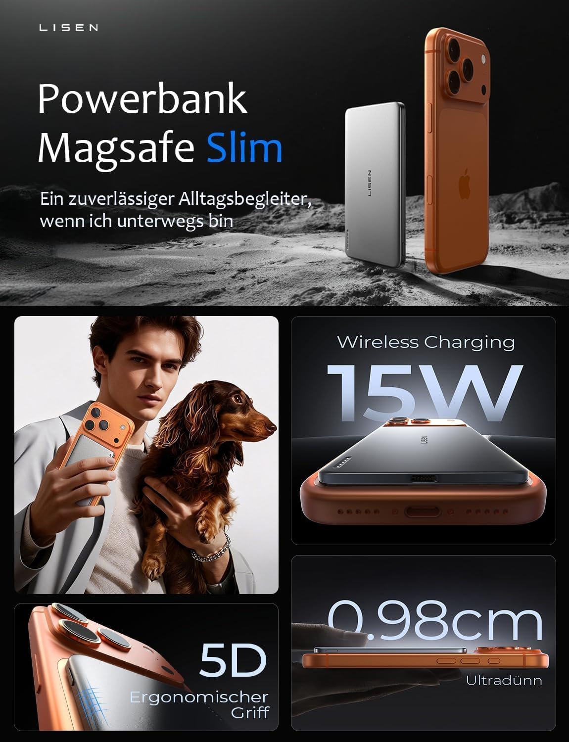LISEN Qi2.0 15W Magsafe Powerbank Slim 5000mAh fĂŒr iPhone 18 Pro Max