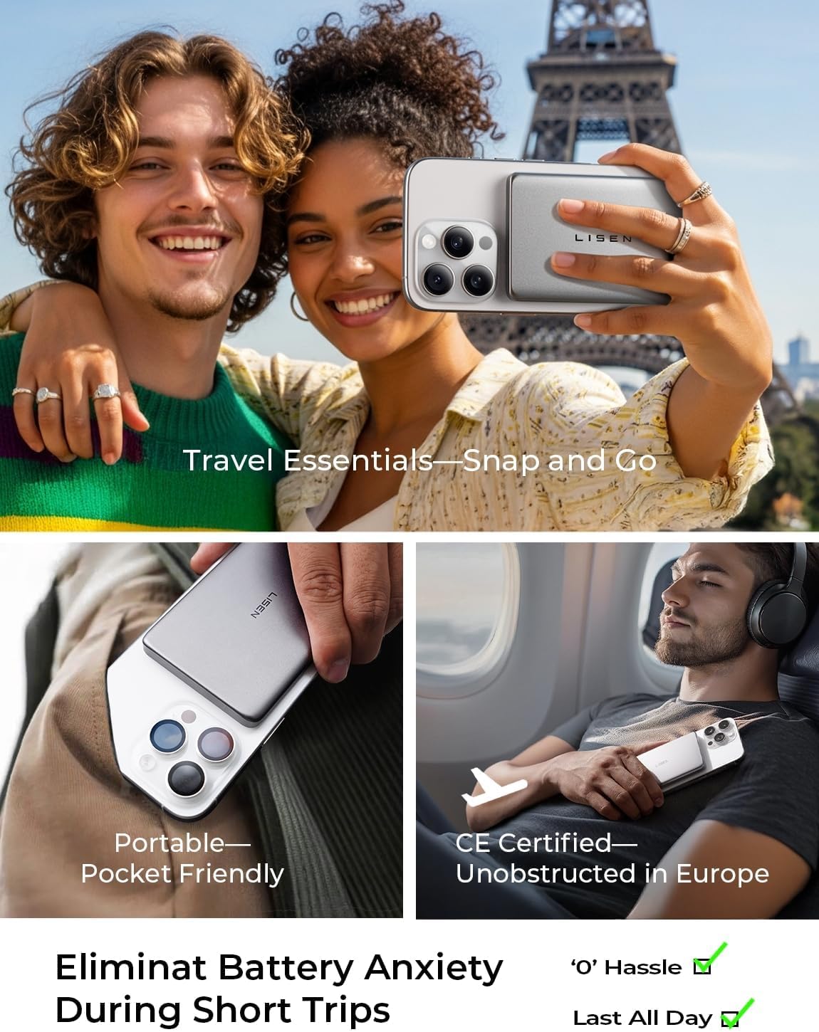 LISEN Ultra Slim 5000mAh Qi2 15w MagSafe Power Bank