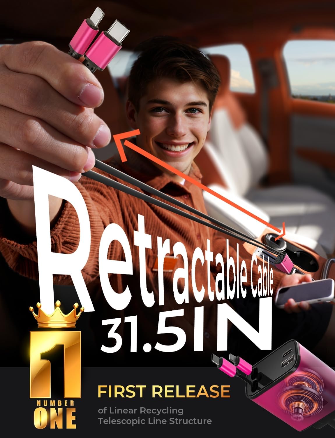 LISEN Retractable Car Charger 4 in 1, Fast Car Phone Charger with Cord 31.5inch