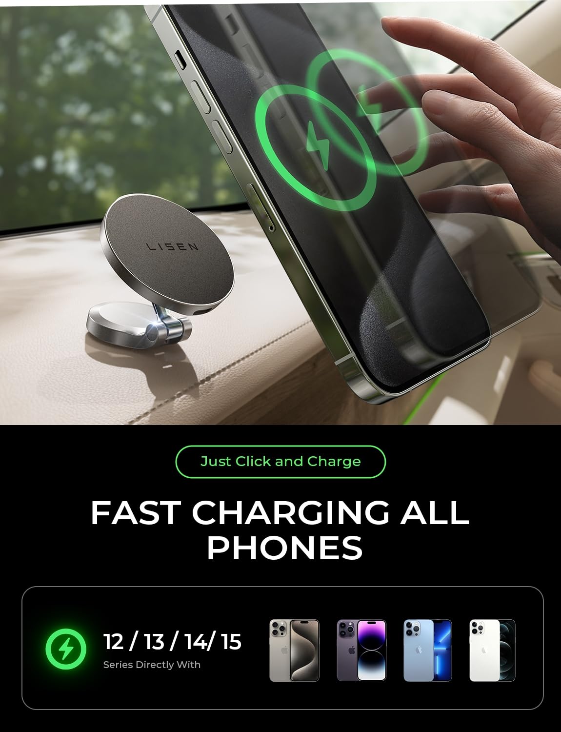 LISEN for Magsafe Car Charger Dashboard,360° Rotatable Mag Safe Charger Car Mount