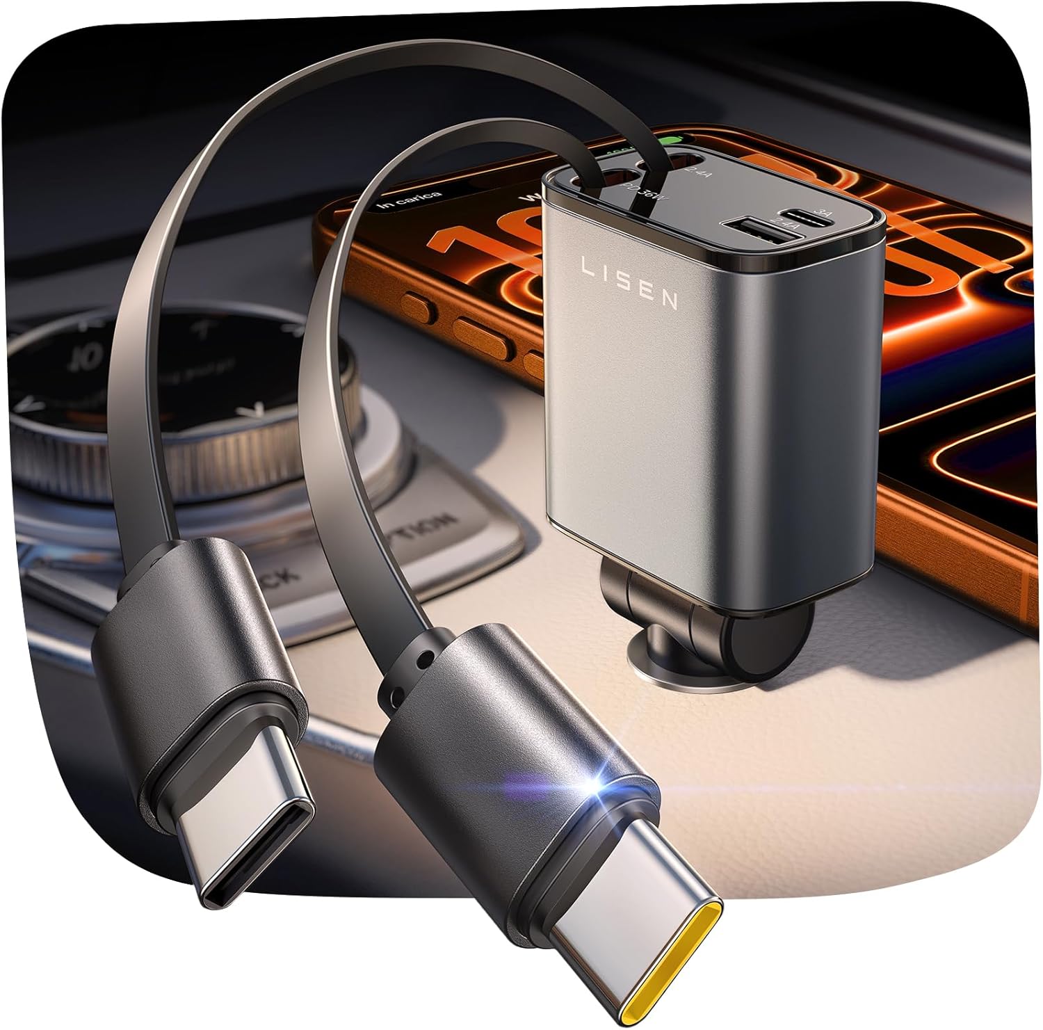LISEN Retractable Car Charger USB C 75W Fast 4 in 1