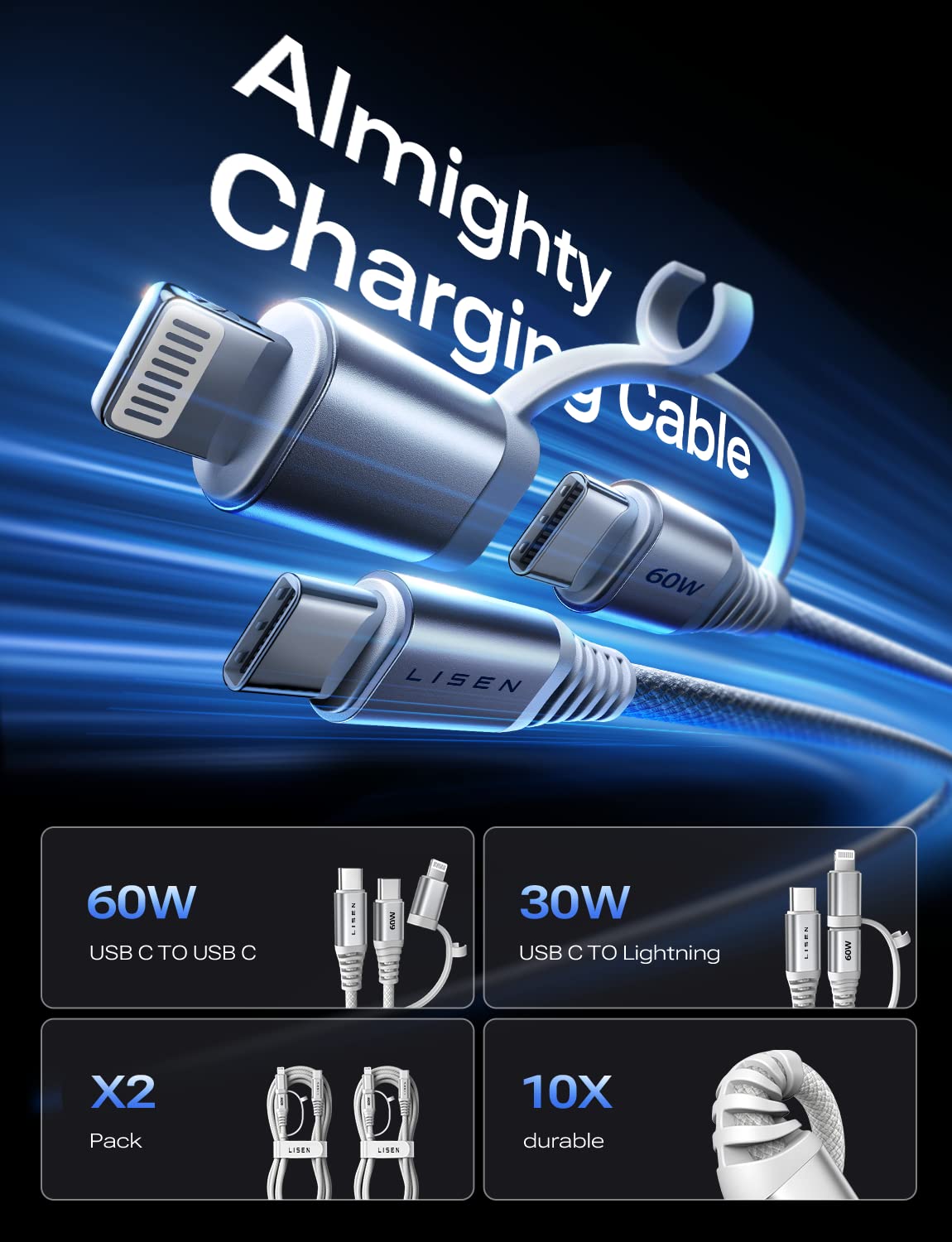 Lisen 2-in-1 USB C to C/Lightning ケーブル