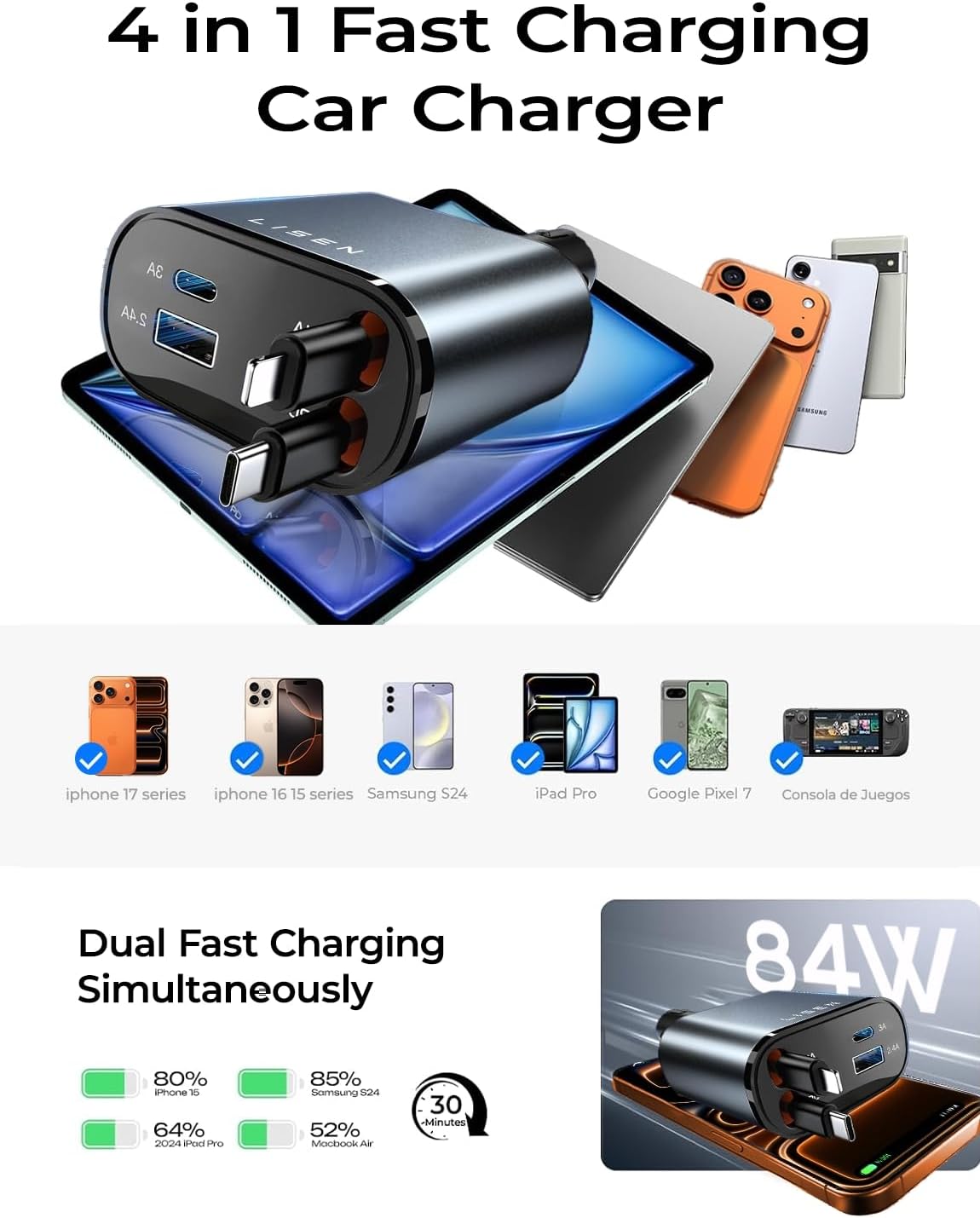 LISEN Retractable 84W Fast Car Charger