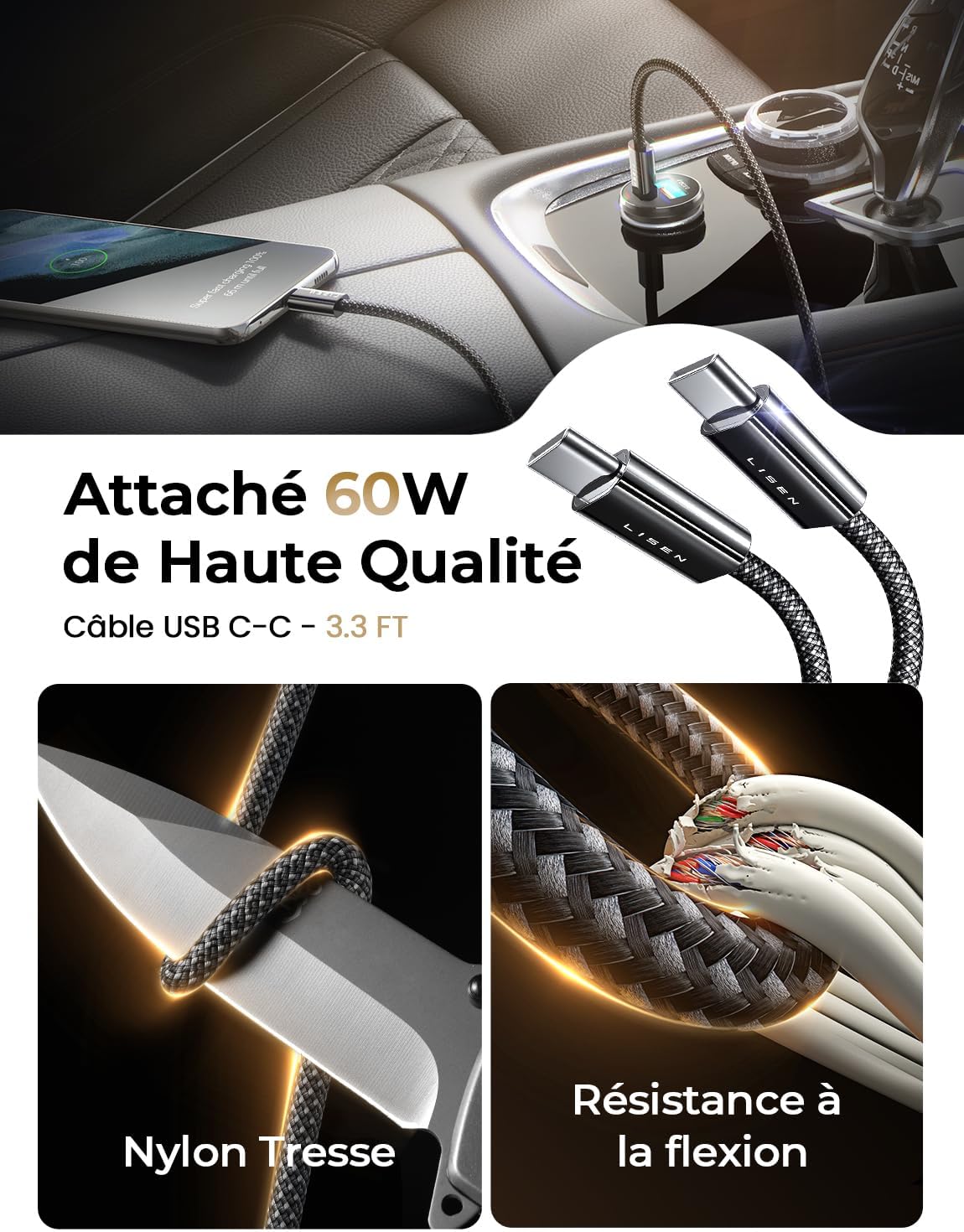 LISEN Car Charger USB C 54W+60W C-C Cable