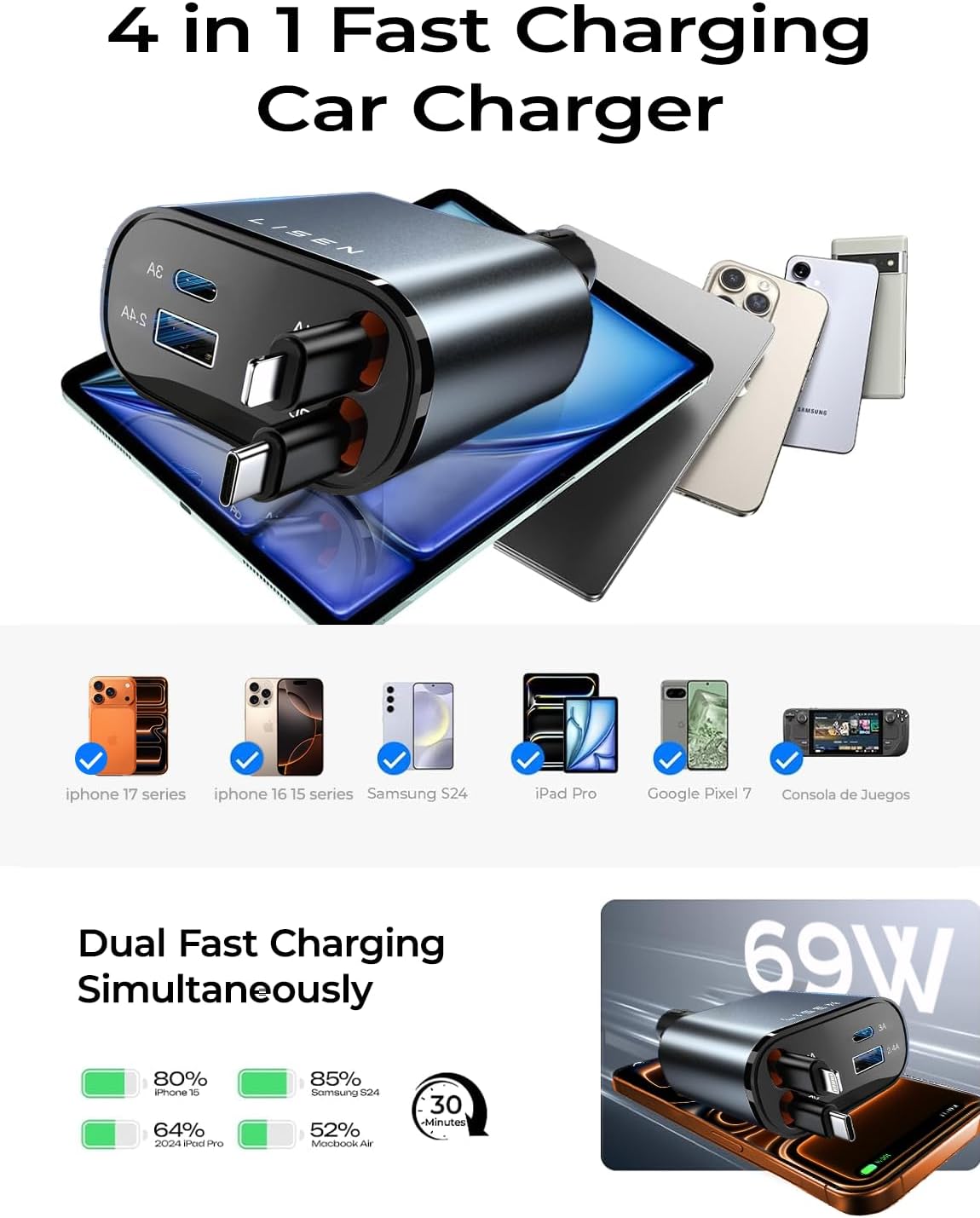 LISEN Long Retractable Car Charger 4 in 1 (47.2in Cable)