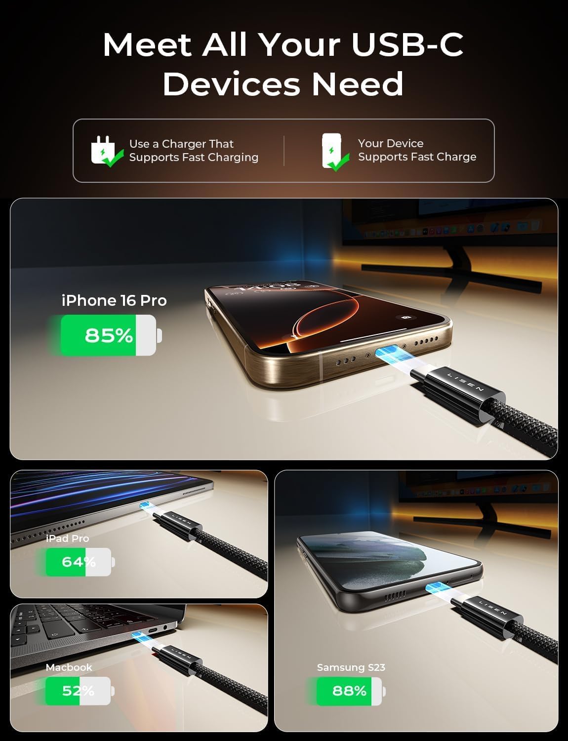 LISEN USB C to USB C Cable 60W