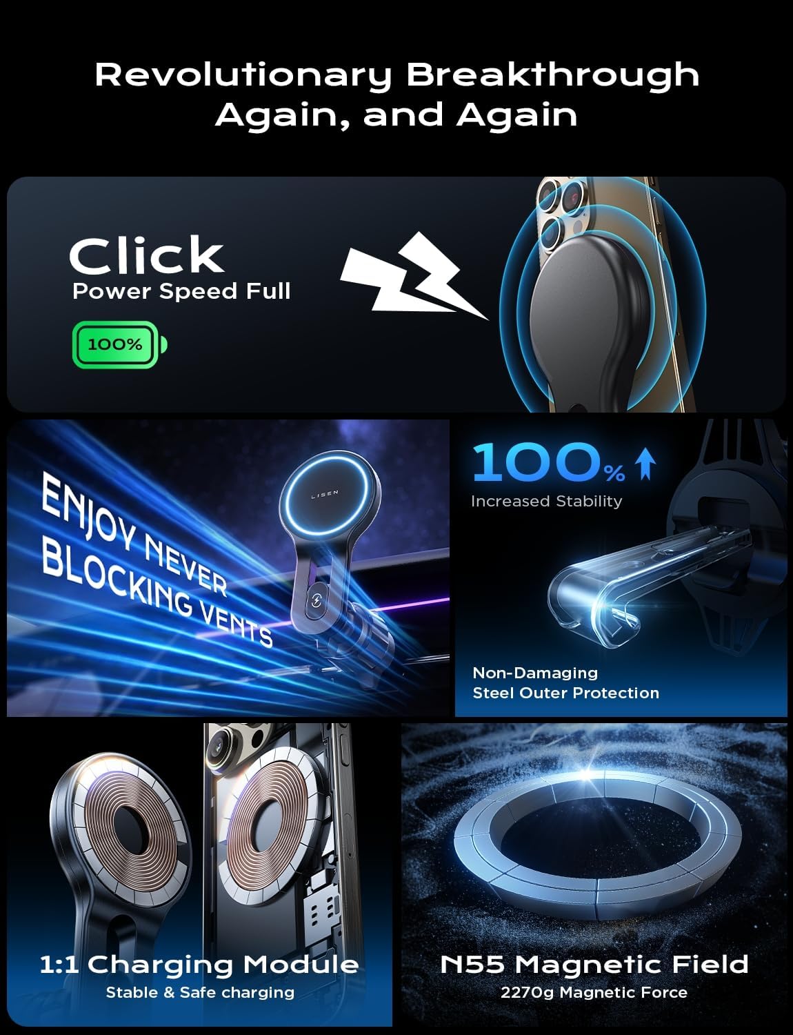 LISEN MagSafe対応 カーマウント充電器【15W プロ】