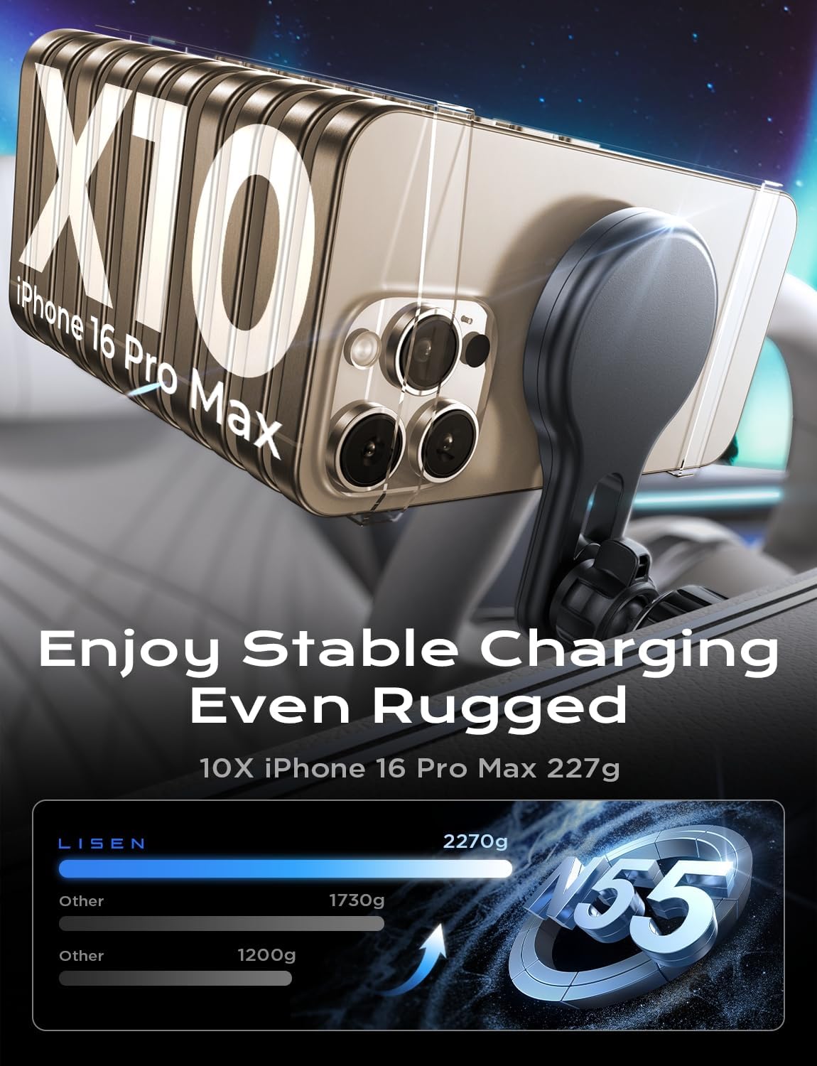 LISEN MagSafe対応 カーマウント充電器【15W プロ】