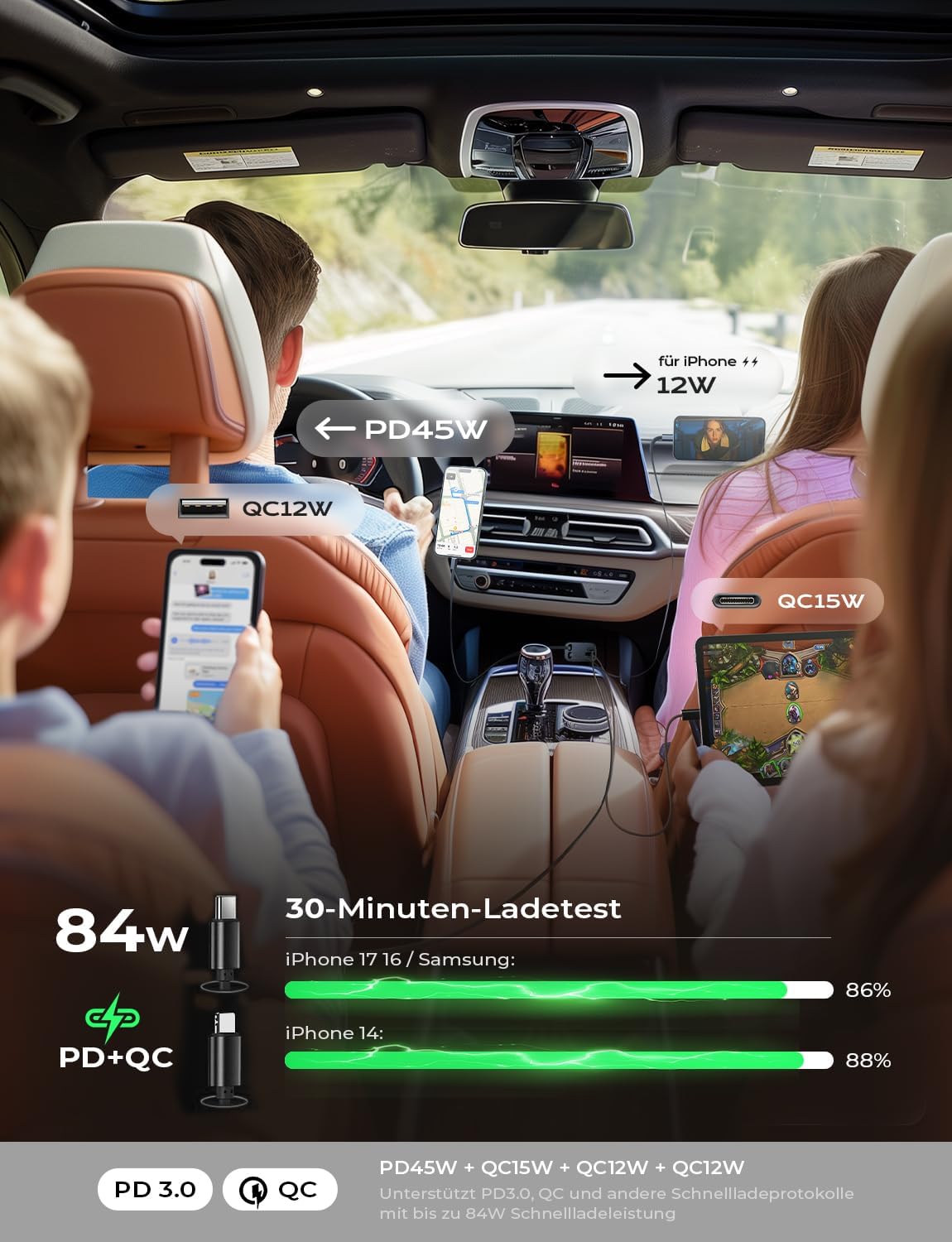LISEN 84 W Cigarette Lighter USB C Retractable Car Charger Adapter