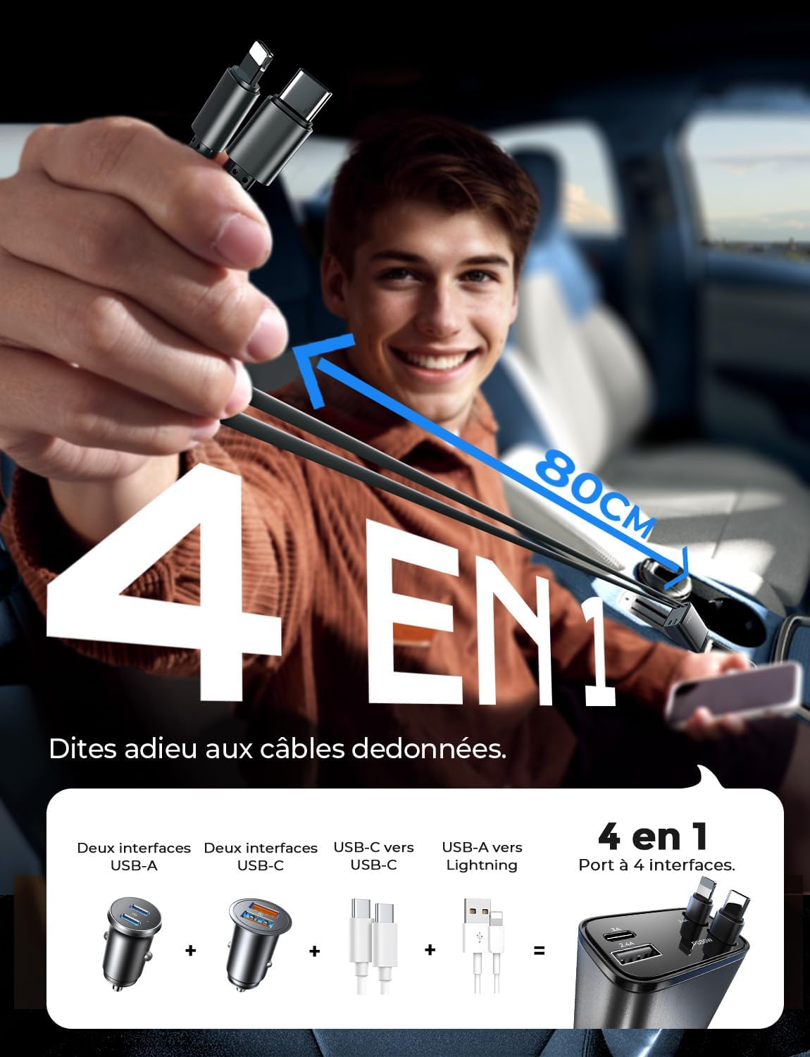 LISEN 4 in 1 Retractable USB C Car Charger 69W