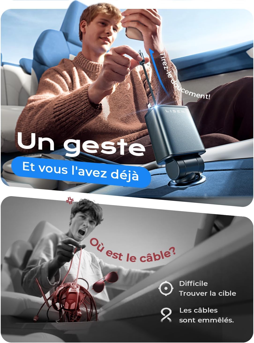 LISEN 4 in 1 Retractable USB C Car Charger 69W