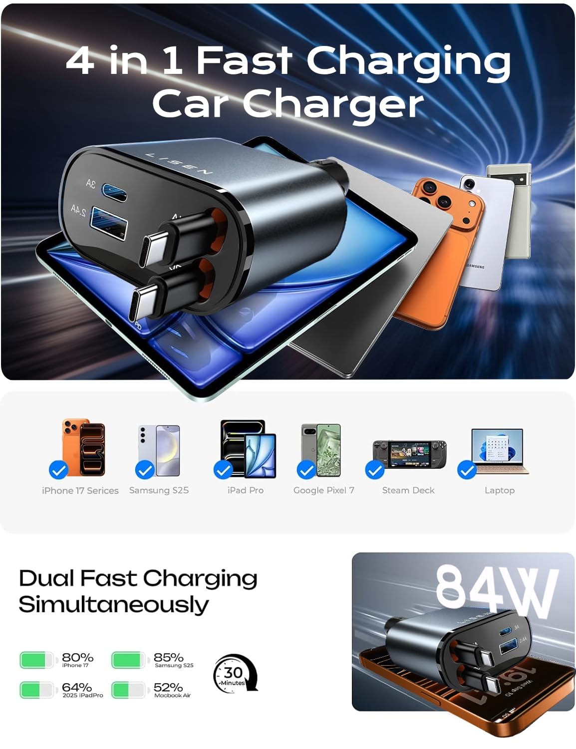 LISEN Einziehbares Autoladegerät, Dual USB C Einziehbares Kabel Schnelles Auto-Ladegerät