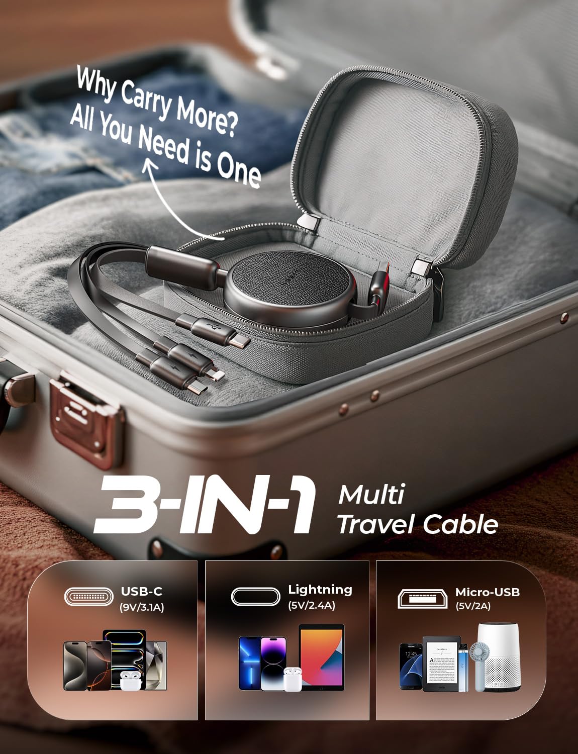 LISEN Multi Charger Cable, Retractable USB C to USB Charging Cable 3 in 1 Charger Lighting/Micro USB Cable