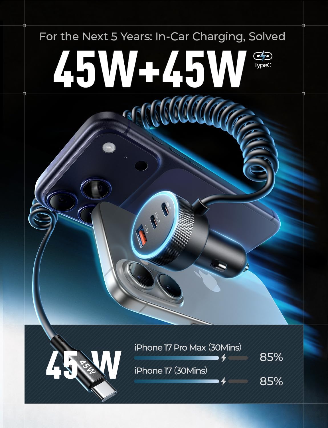 LISEN 90W Car Charger USB C