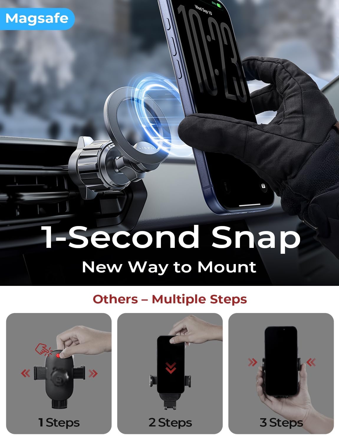LISEN for MagSafe Car Mount,Magnetic Phone Holder Car,2-in-1 Vent Dashboard