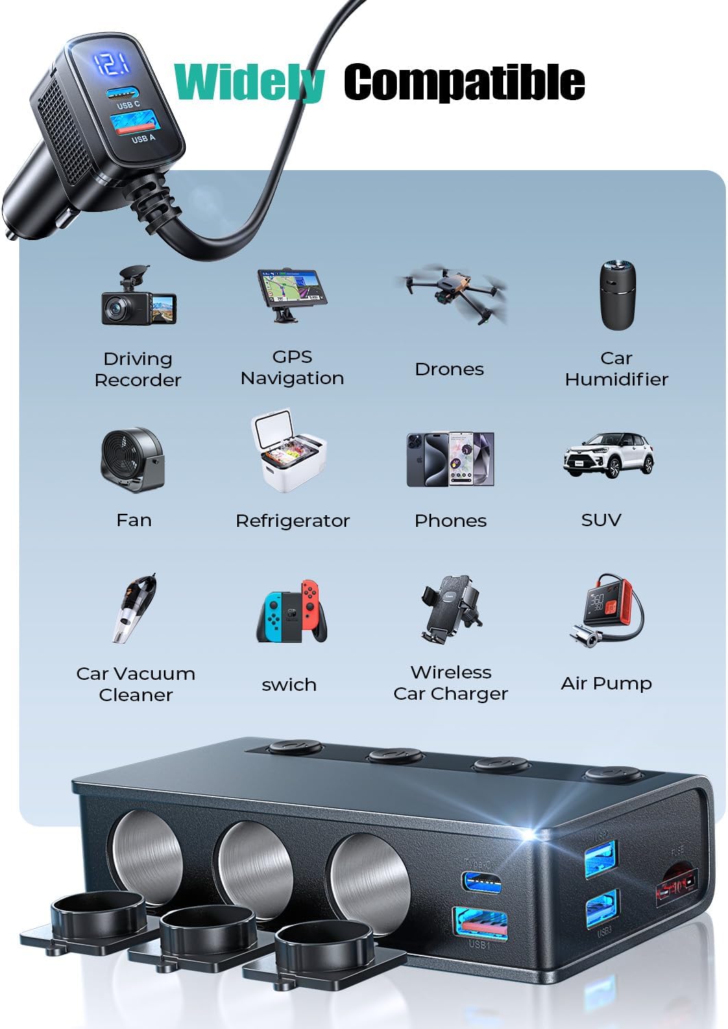 LISEN シガレットライター スプリッター アダプター 191W ヘビーデューティー トラック 車用 USB チャージャー マルチポート PD36W/QC3.0 充電 USB C 12V/24V 独立スイッチ&ダストカバー&防水機能付き すべての車内機器に対応