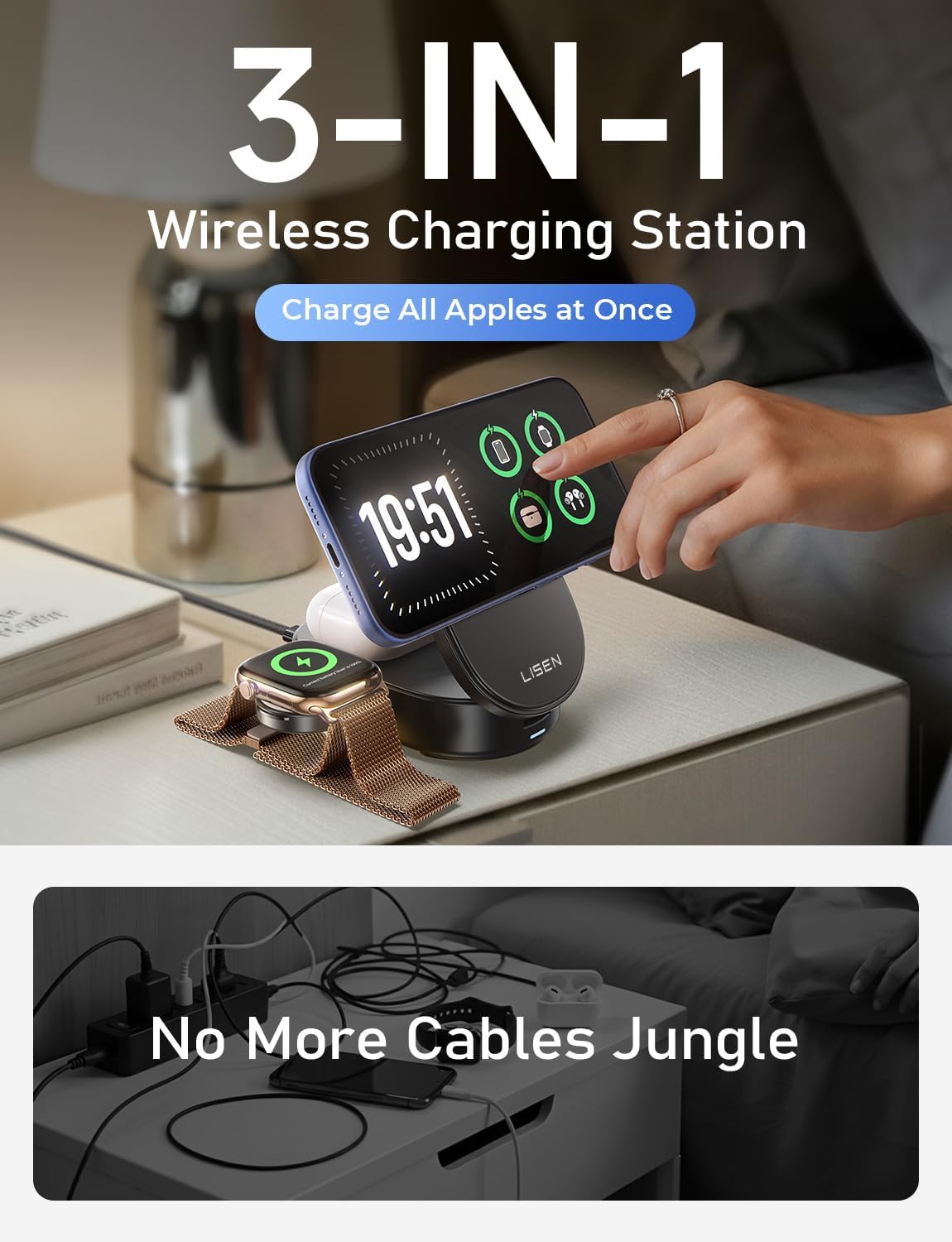 LISEN 3 in 1 Wireless Charger for Apple, Qi2 25W Fast Charger Wireless Charging Station for iPhone 17 16 15 14 13 12 Watch Airpods, for Magsafe Charger Charging Station As Gifts for Husbands Men Women