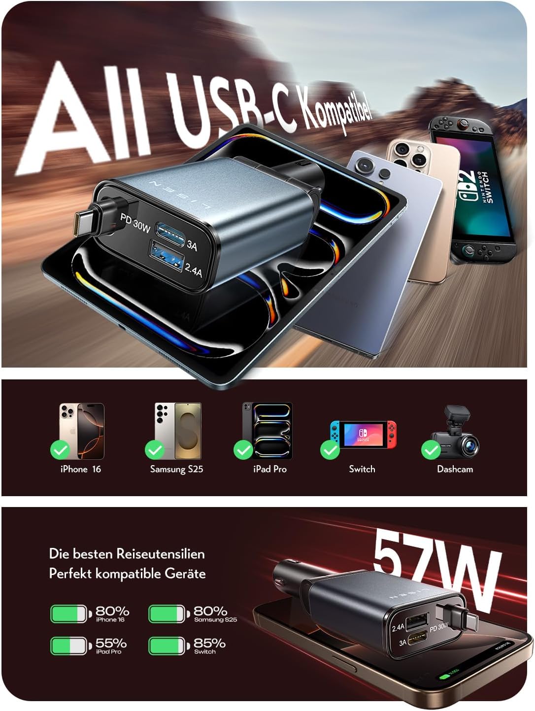 LISEN 57 W Cigarette Lighter USB C 3 in 1 Car Charger