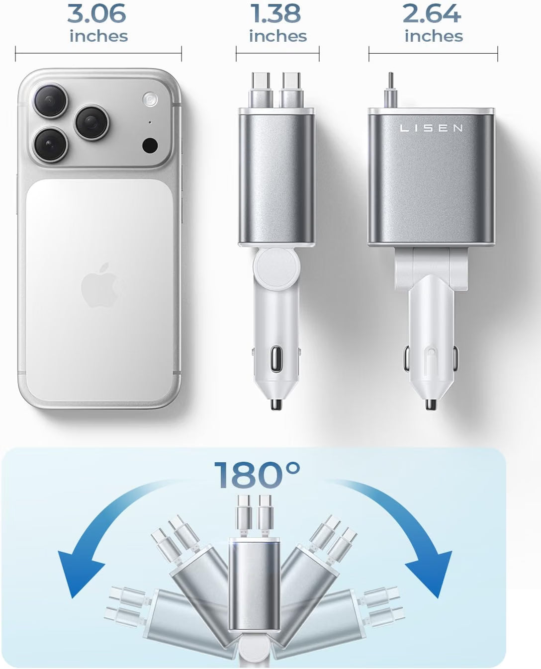 LISEN Retractable Car Charger USB C Fast Charge for iPhone 17 16 15 Pro Max