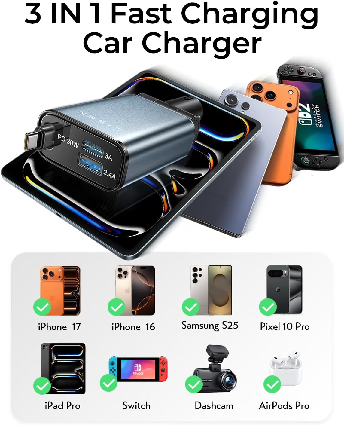 LISEN Compact 3 in 1 Retractable Car Phone Charger USB C Fast Charge 57W Cigarette Lighter USB Charger 80cm Type-C Cable, 12/24V Car Adapter Socket Car Accessories